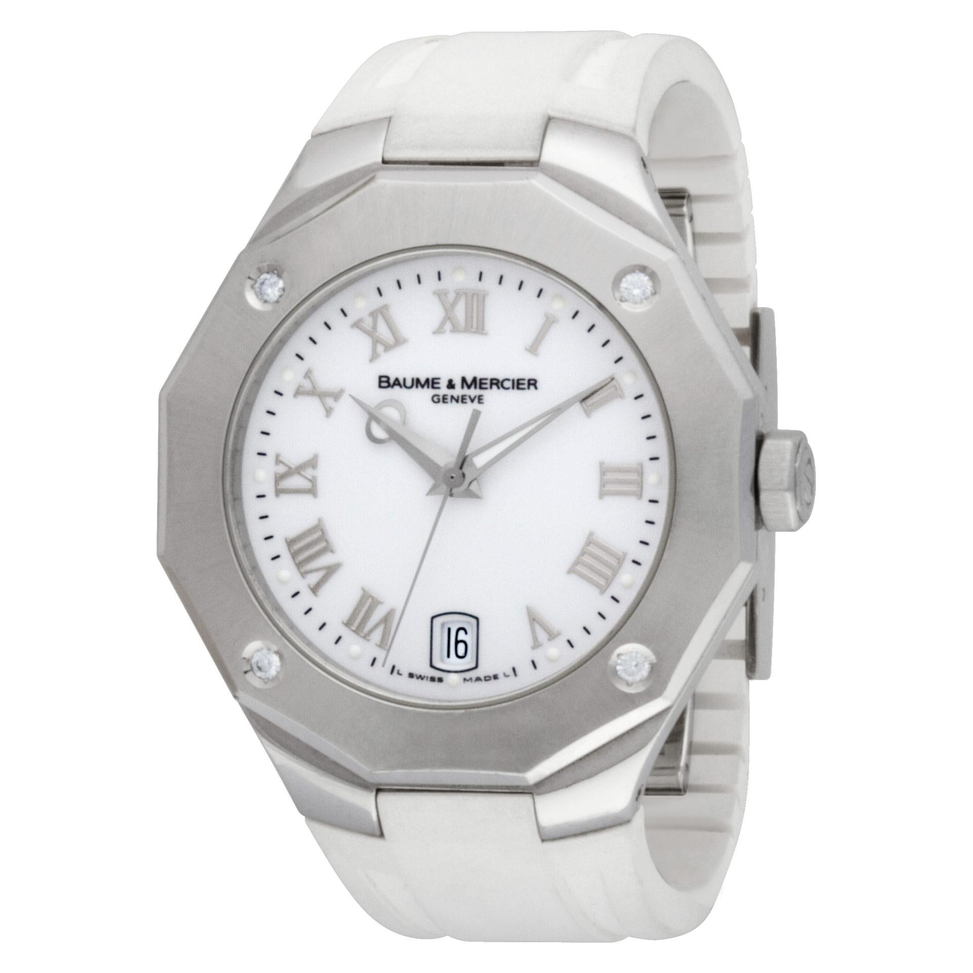 Ladies Baume & Mercier Riviera in stainless steel on the original rubber strap. Quartz w/ date. Four diamonds on the bezel. 38 mm case size. Ref N4626500. Circa 2000s. Fine Pre-owned Baume & Mercier Watch.

Certified preowned Classic Baume & Mercier