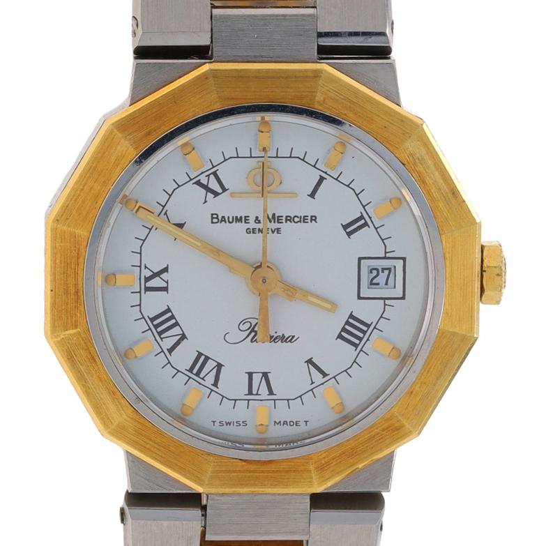 Marke: Baume & Mercier
Modell: Riviera
Modellnummer: 5221.018
Uhrwerk: Quarz
Garantie: Ein Jahr
Uhrwerk-Hersteller: Schweiz
Zifferblattfarbe: Weiß

Metall Inhalt: Rostfreier Stahl & 18k Gelbgold

Verschluss-Typ: Fold-Over-Verschluss
Merkmale: 
Baume