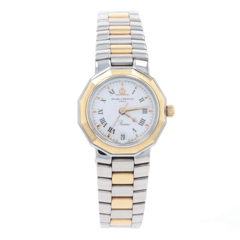 Retail Price: $2,800

Brand: Baume & Mercier
Model: Riviera
Movement: Quartz
Number of Jewels: 9
Dial Color: White
Warranty: 1 Year
Year: 2005

Metal Content: Stainless Steel & 18k Yellow Gold

Measurements
Inner Circumference (including the case