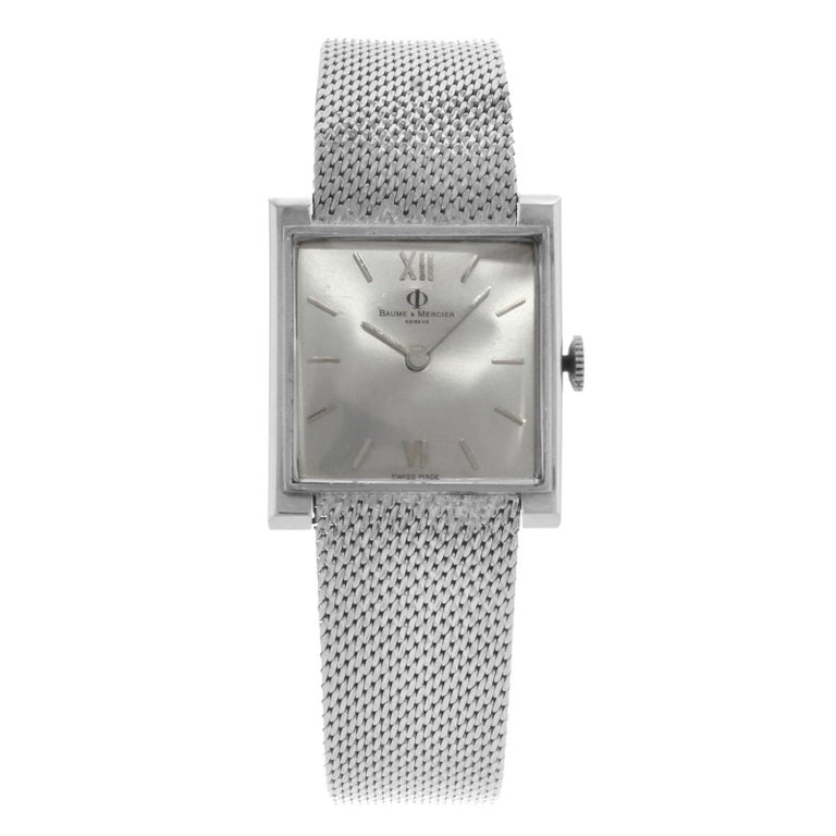Baume and Mercier Square Silver Dial 14 Karat White Gold Hand Wind Ladies  Watch at 1stDibs