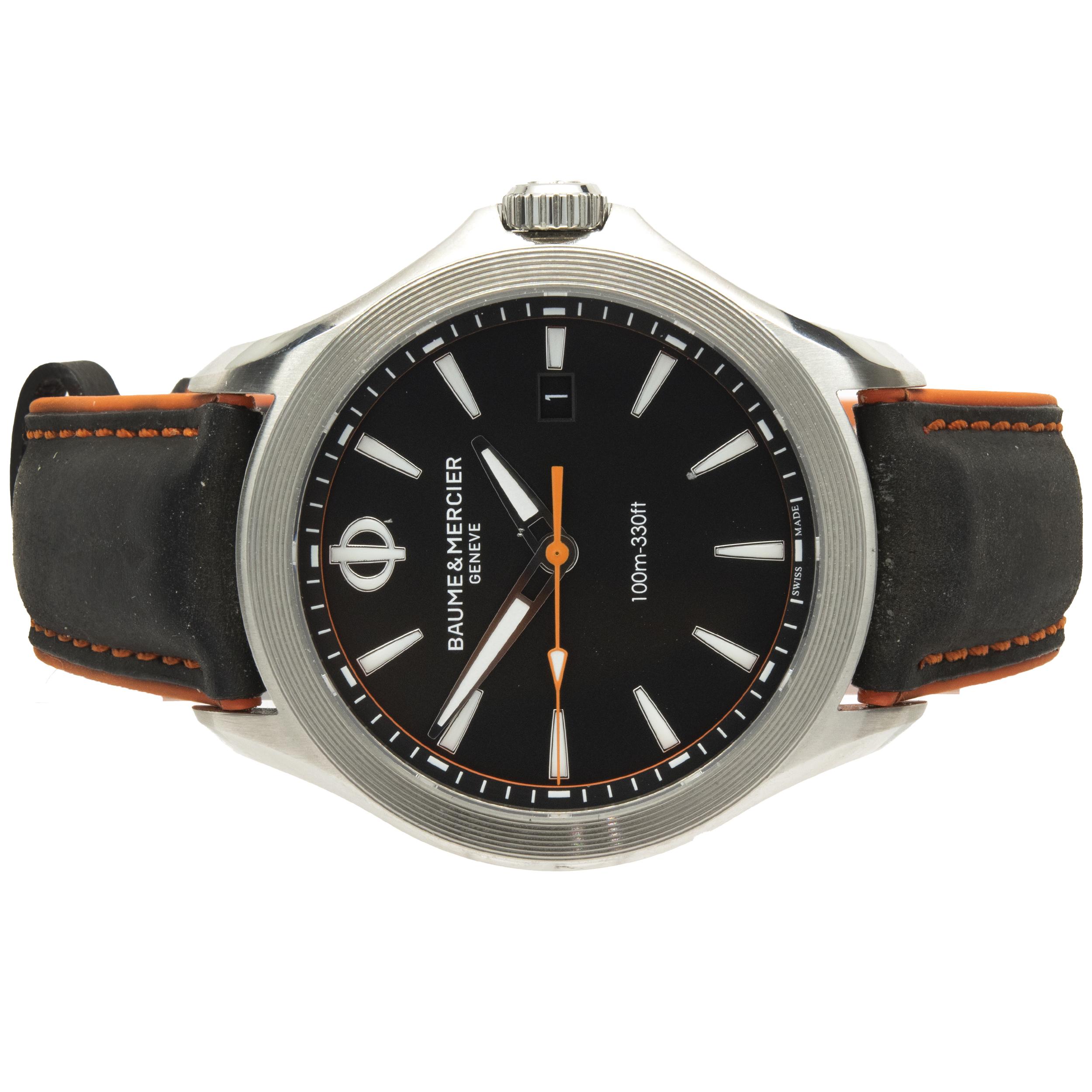Movement: quartz
Function: hours, minutes, seconds, date
Case: 42mm stainless steel round case, smooth bezel
Band: black and orange strap with buckle 
Dial: black stick
Serial # 6030XXX
Reference # 10411


Complete with original box and