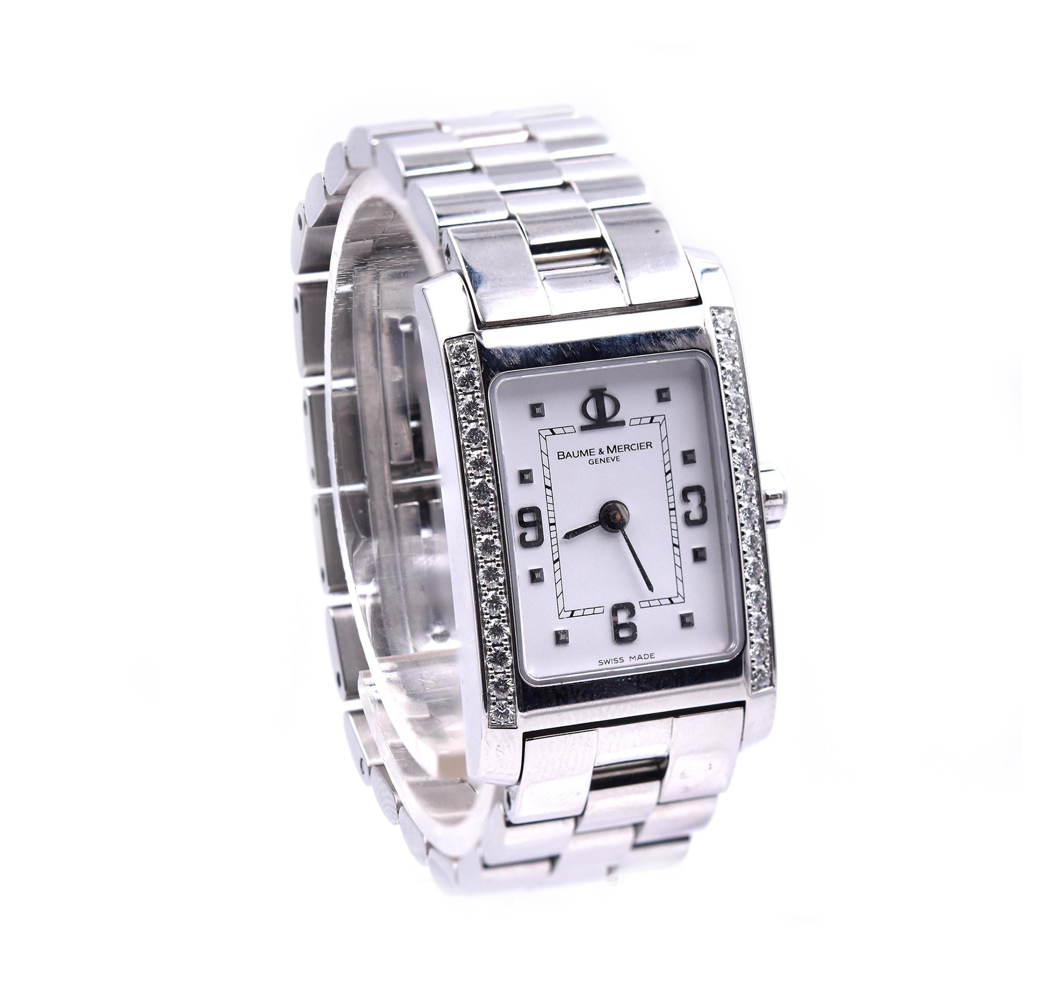 Movement: quartz
Function: hours, minutes
Case: 26 X 20mm stainless steel rectangular case with diamond sides
Band: Baume & Mercier stainless steel bracelet with butterfly clasp
Dial: white arabic dial
Serial #3787XXX
Reference # 65406


No box or