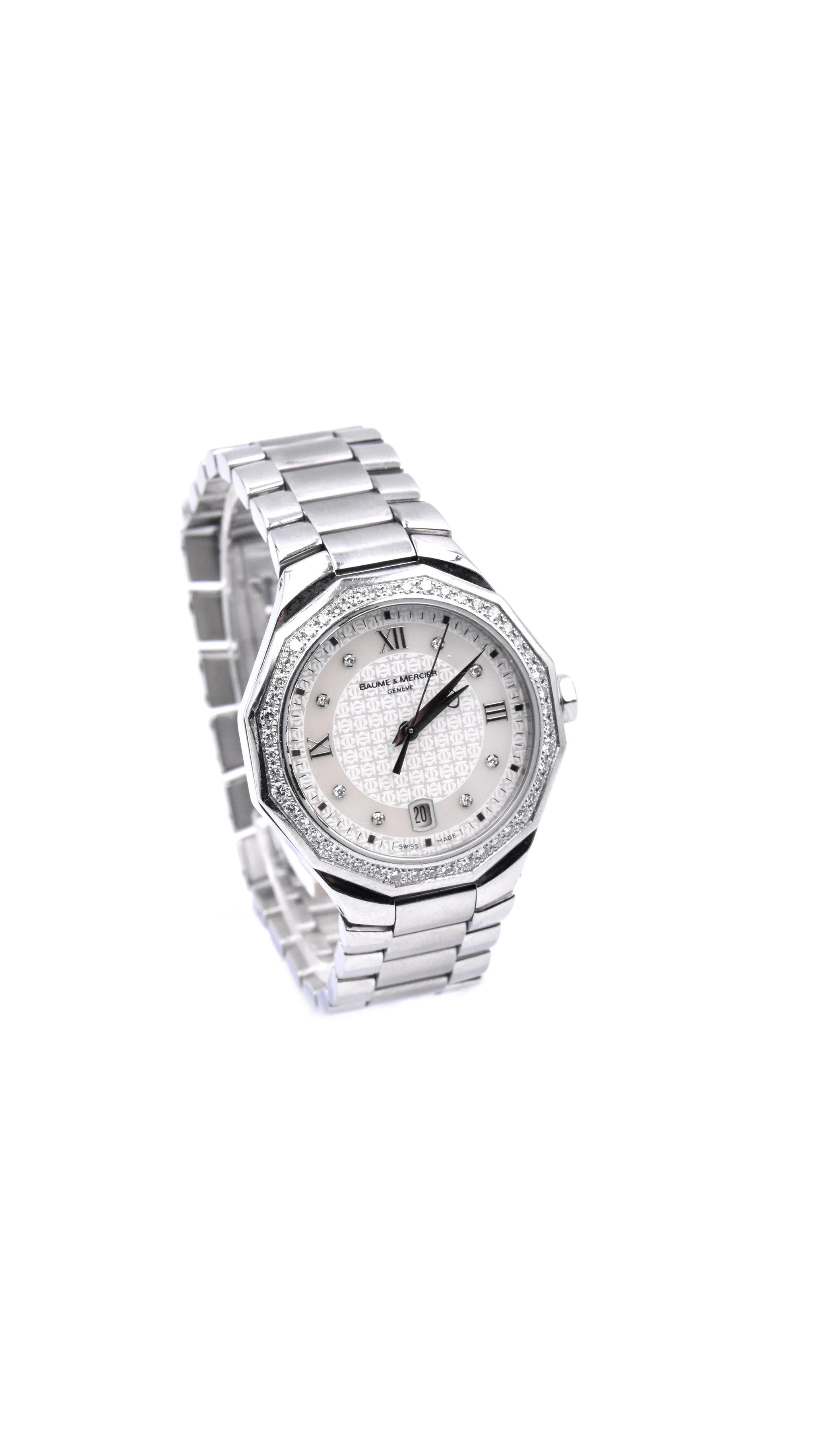 Movement: quartz
Function: hours, minutes, seconds, date
Case: 28mm round stainless steel case, diamond bezel
Band: stainless steel link bracelet
Dial: diamond and roman numeral silver mother of pearl dial
Serial #4577XXX
Reference # 8597


No box
