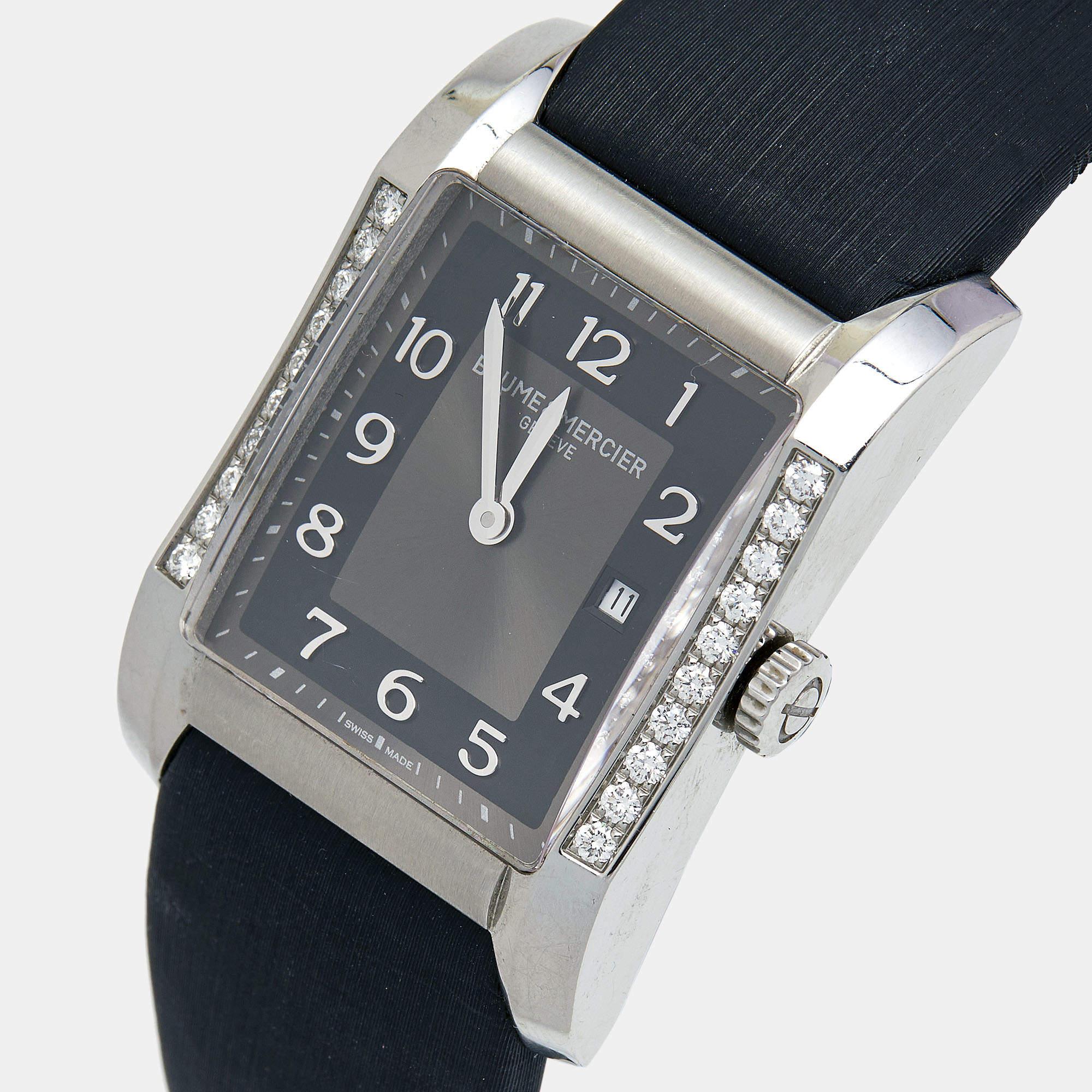 Baume & Mercier Montre-bracelet Hampton pour femme en acier inoxydable, cuir et diamants, 27 mm 1