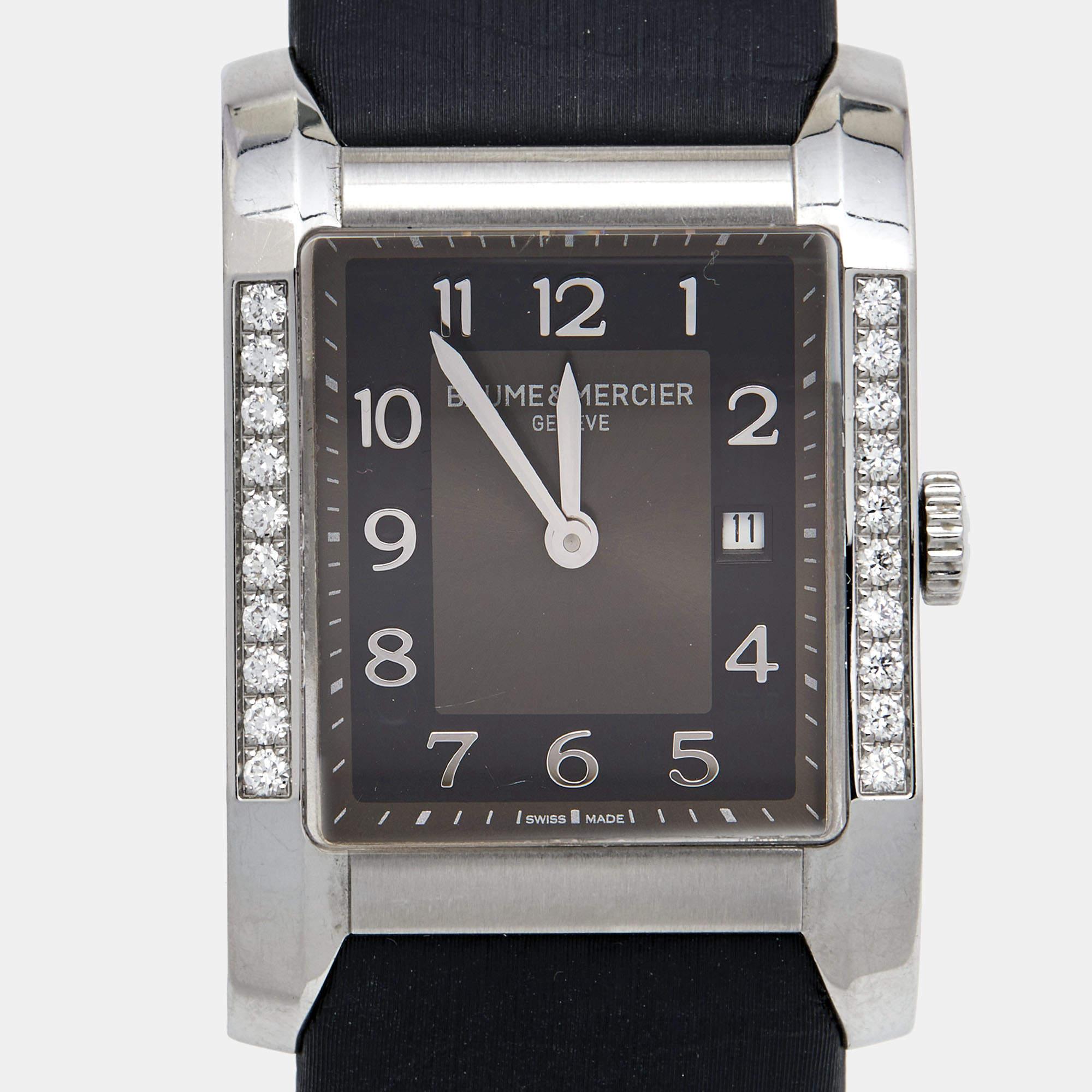 Baume & Mercier Montre-bracelet Hampton pour femme en acier inoxydable, cuir et diamants, 27 mm 2