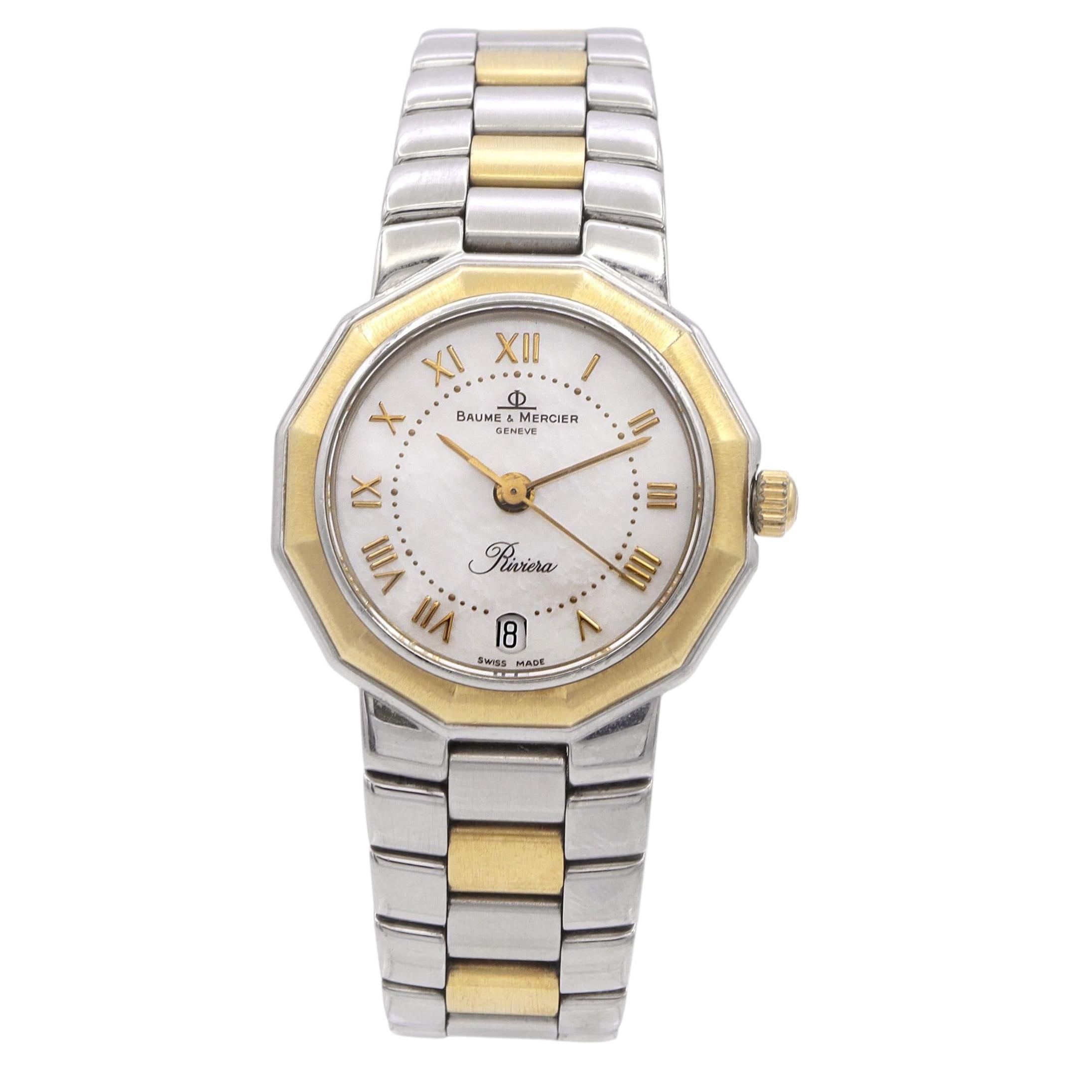 Baume & Mercier Steel & 18k Yellow Gold MOP Dial Quartz Women's Watch For Sale