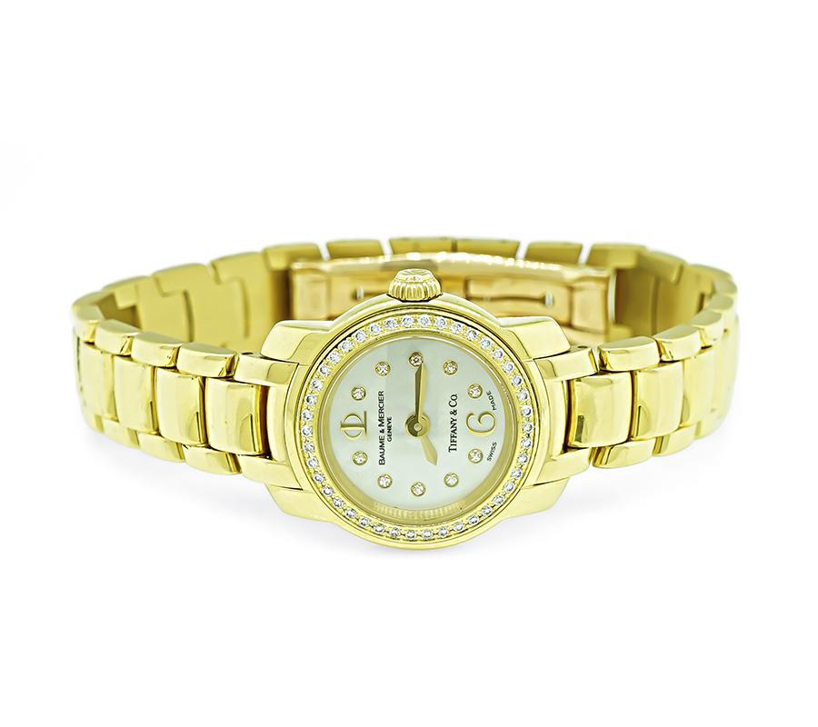 Round Cut Baume & Mercier Tiffany & Co Diamond Gold Lady's Watch For Sale