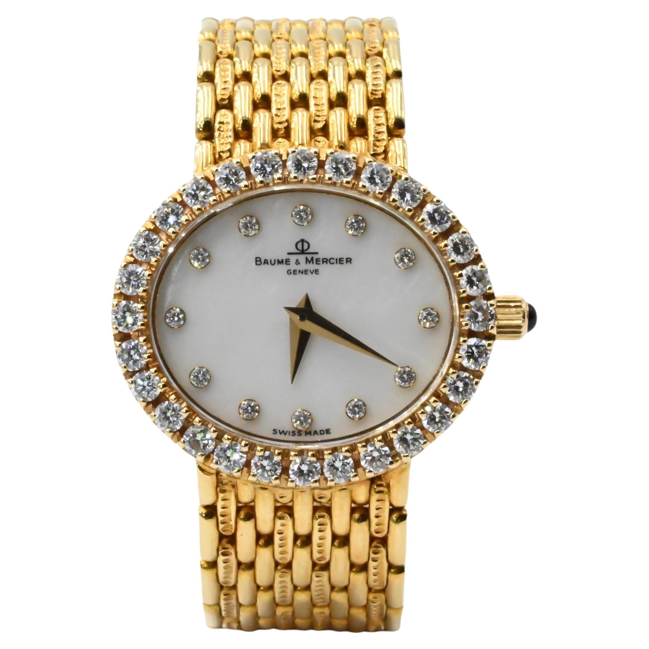 Baume Mercier Yellow Gold Mother-of-Pearl Diamond Dial and Bezel Wristwatch  at 1stDibs