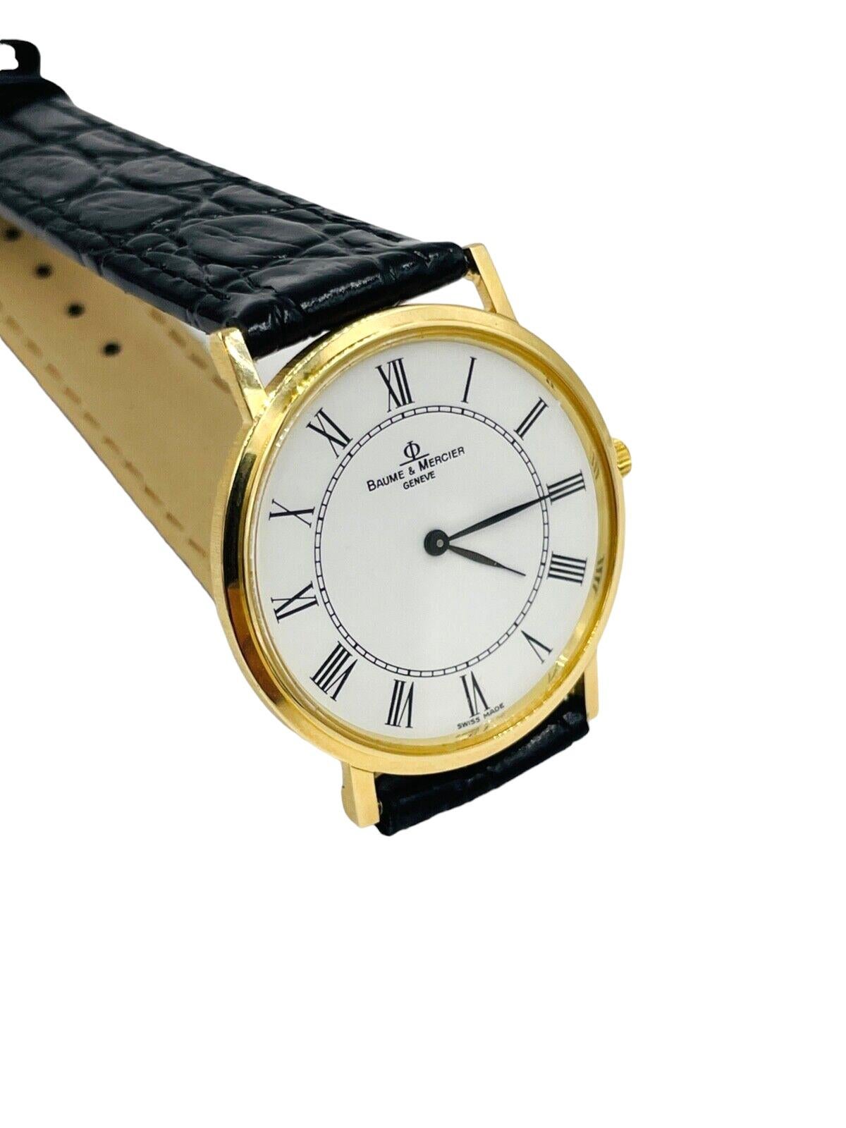 Vintage Baume Mercier Classima 18k yellow gold quartz men's watch, circa 1980s.

   This Baume & Mercier Quartz Yellow Gold Wristwatch is a true testament to the timeless elegance and craftsmanship that the brand has become synonymous with.  Crafted