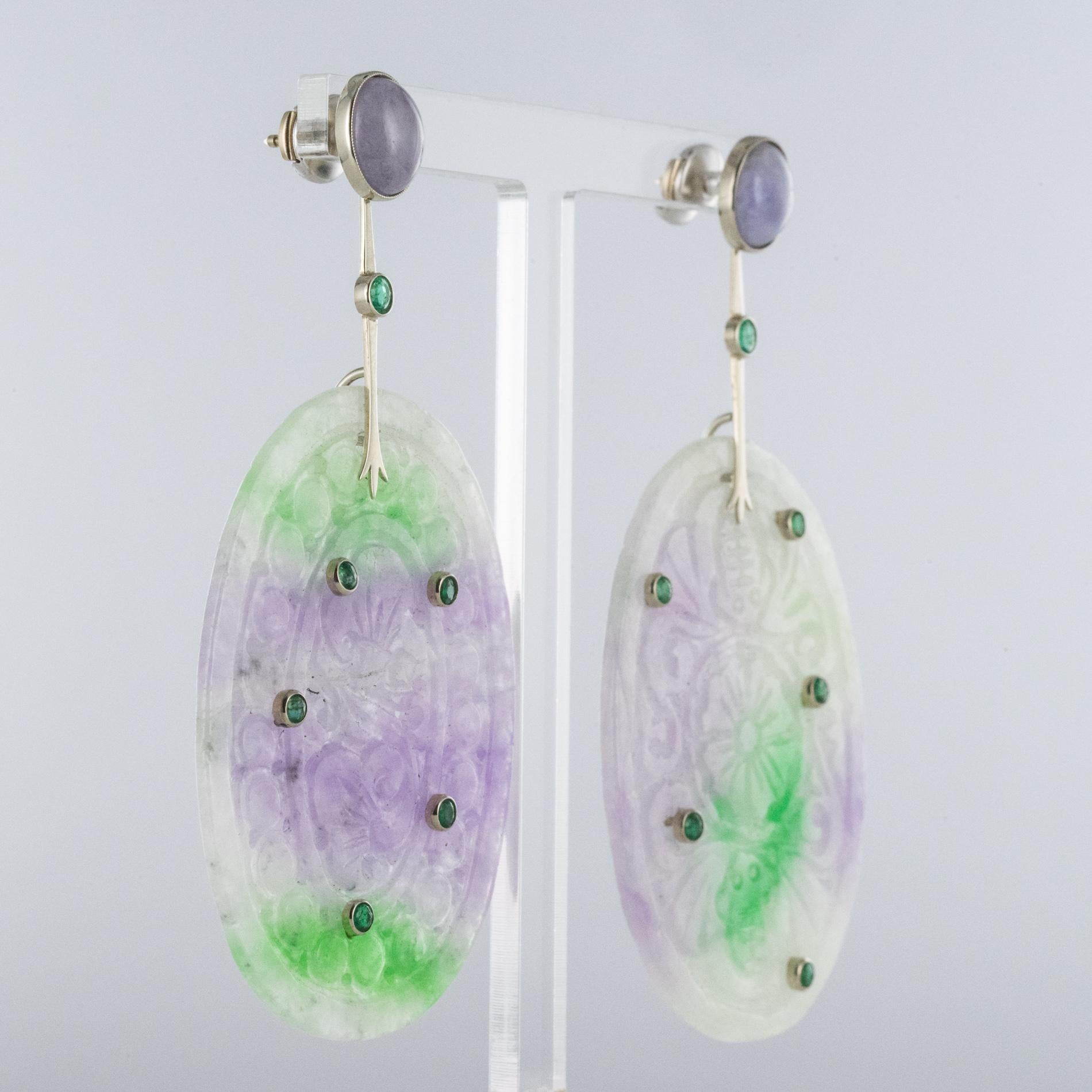 Baume Purple Jade Emeralds 18 Karat White Gold Dangle Earrings For Sale 5