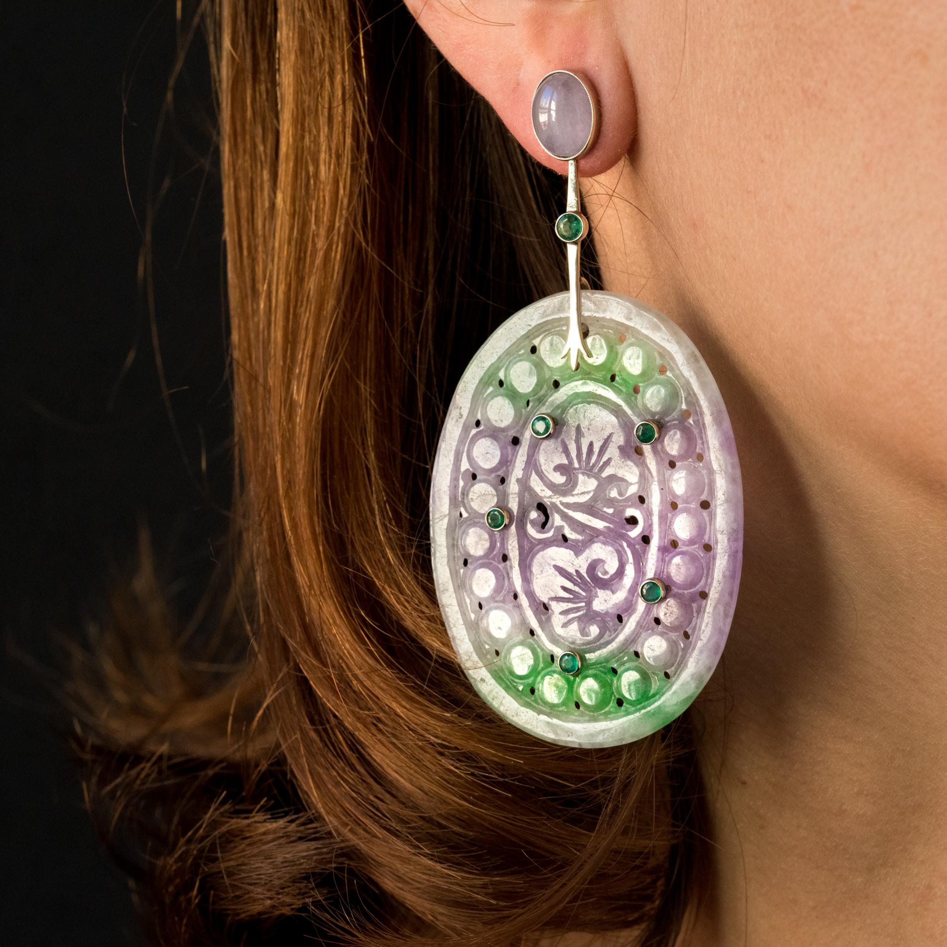Cabochon Baume Purple Jade Emeralds 18 Karat White Gold Dangle Earrings For Sale