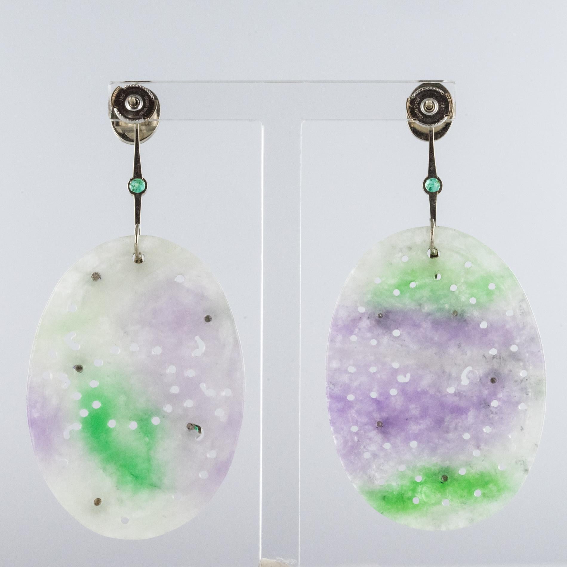 Baume Purple Jade Emeralds 18 Karat White Gold Dangle Earrings For Sale 2