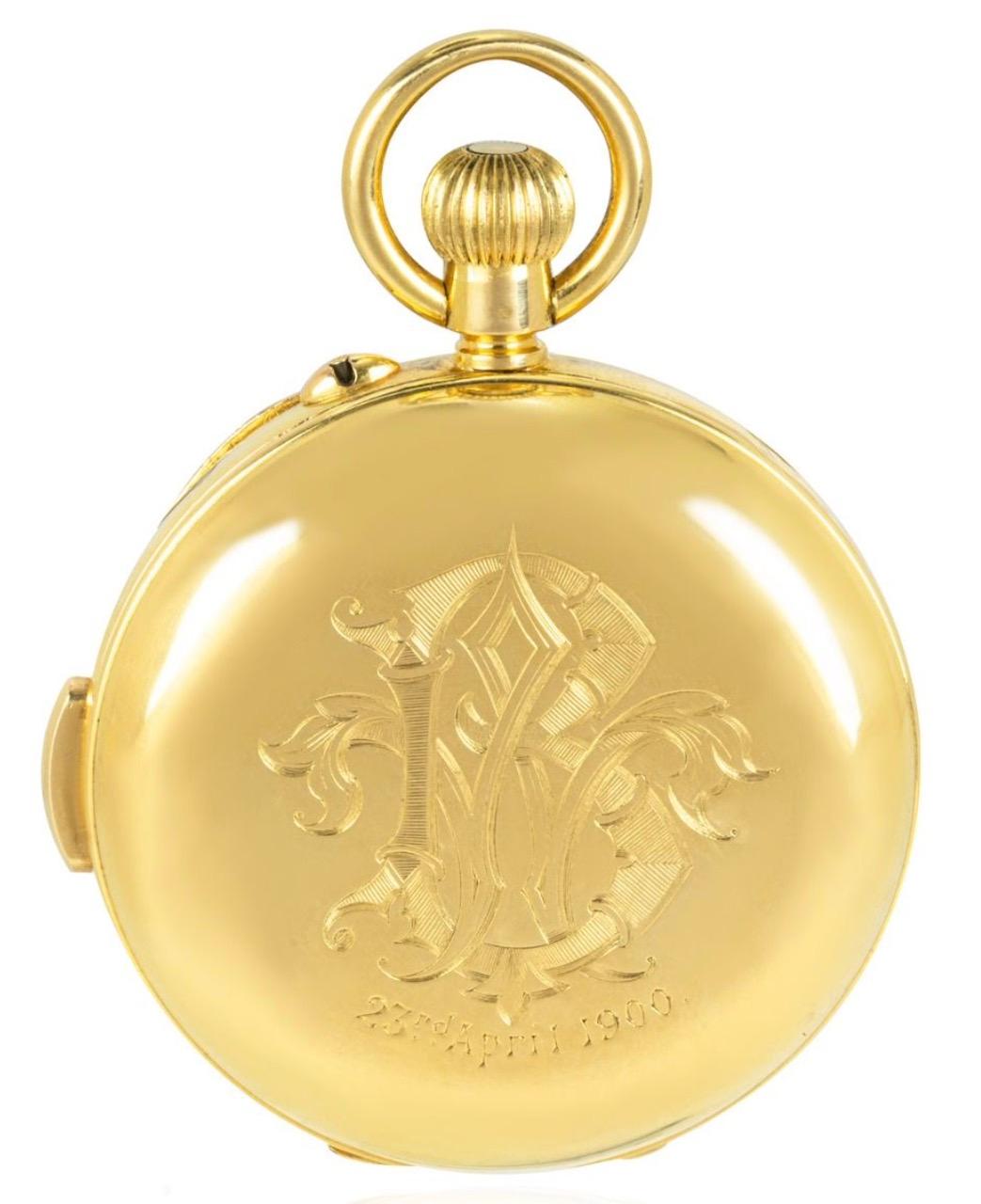 Baume. Montre de poche suisse en or jaune 18ct, répétition minutes à levier sans clé, années 1890.

Cadran : Un cadran parfait en émail blanc avec chiffres romains, minuterie extérieure et cadran subsidiaire des secondes avec aiguilles bêche en