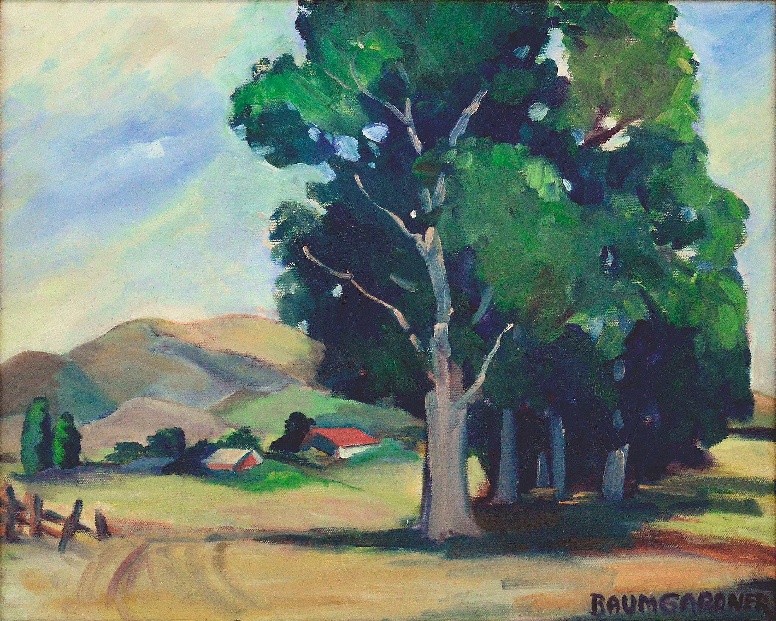 Ferme dans la vallée - Plein Air California Landscape - Painting de Baumgardner