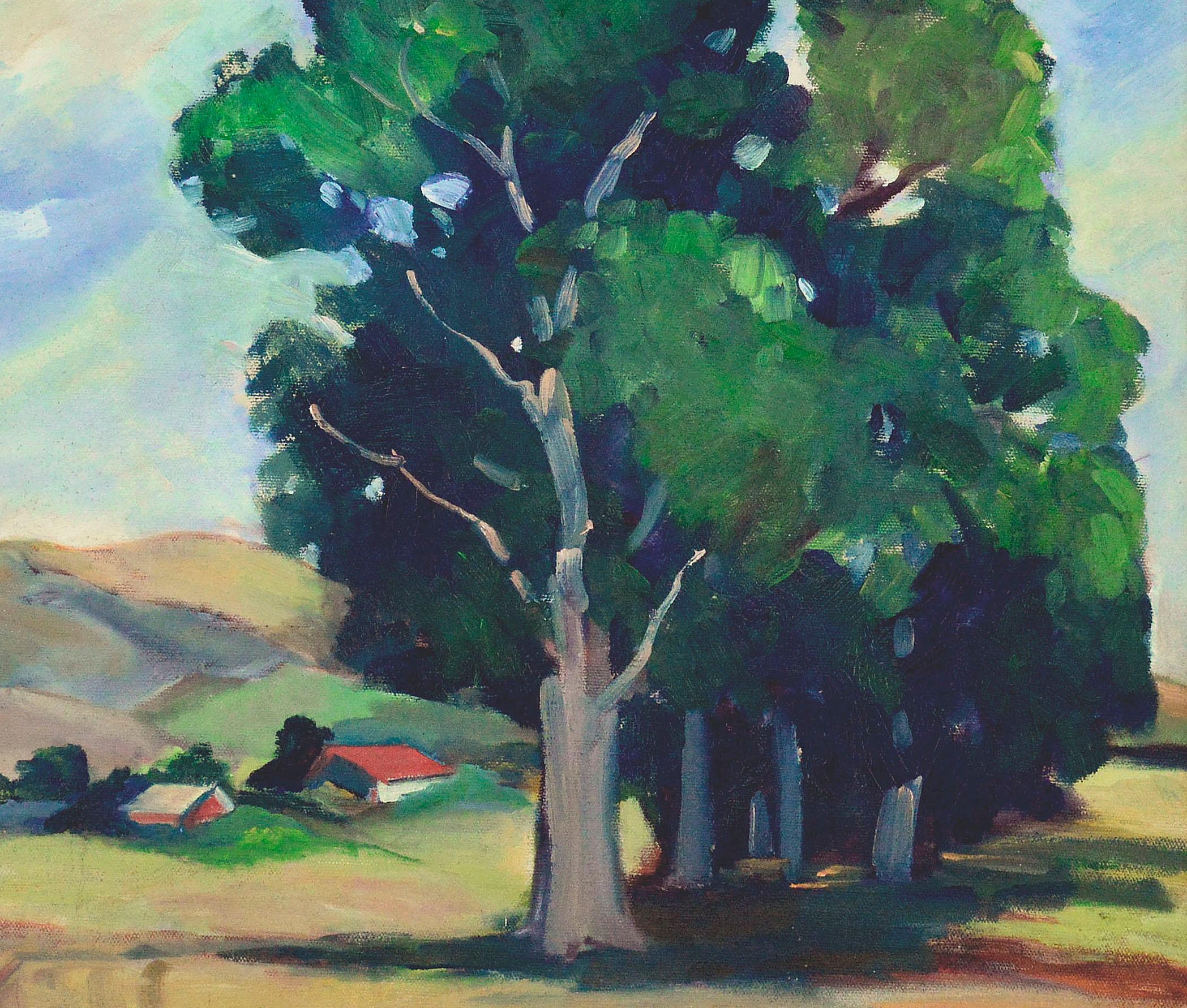 Ferme dans la vallée - Plein Air California Landscape - Modernisme américain Painting par Baumgardner
