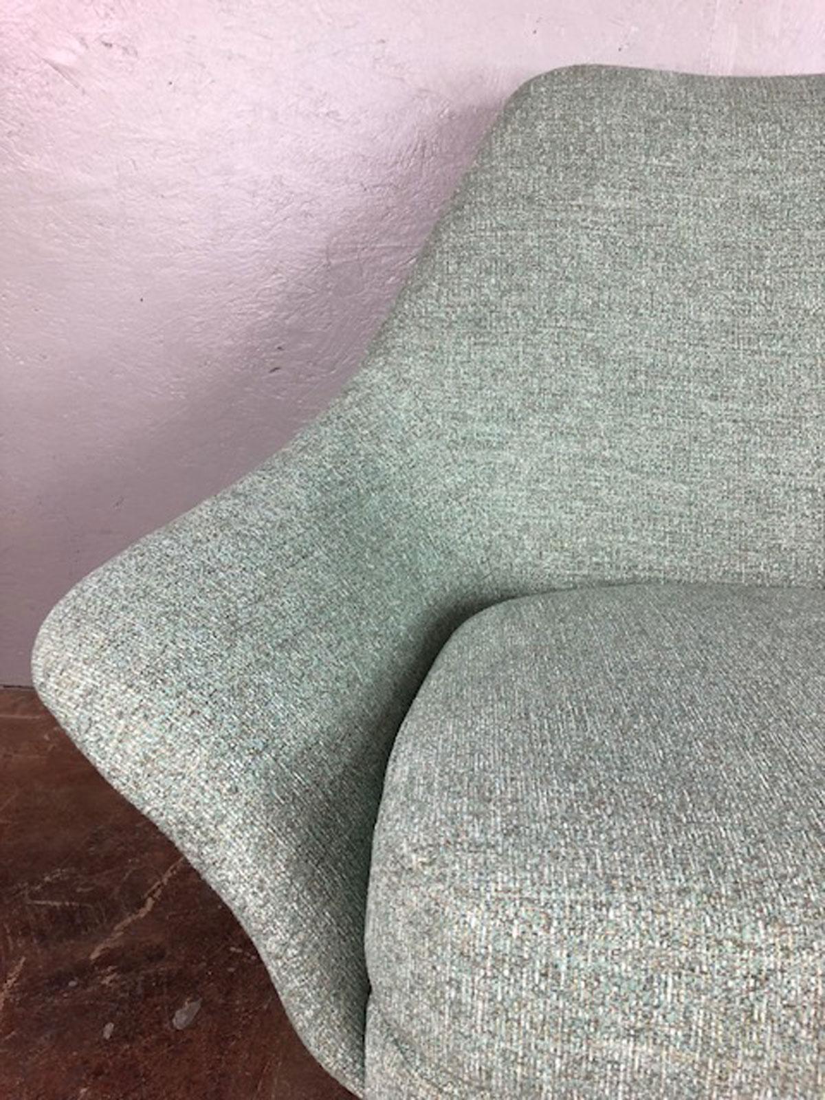 Newly upholstered Viko lounge chair by Baumritter. Soft green, gray, and neutral tones. Superb California made fabric. Easy cleaning, long wearing fabric, circa 1960s.