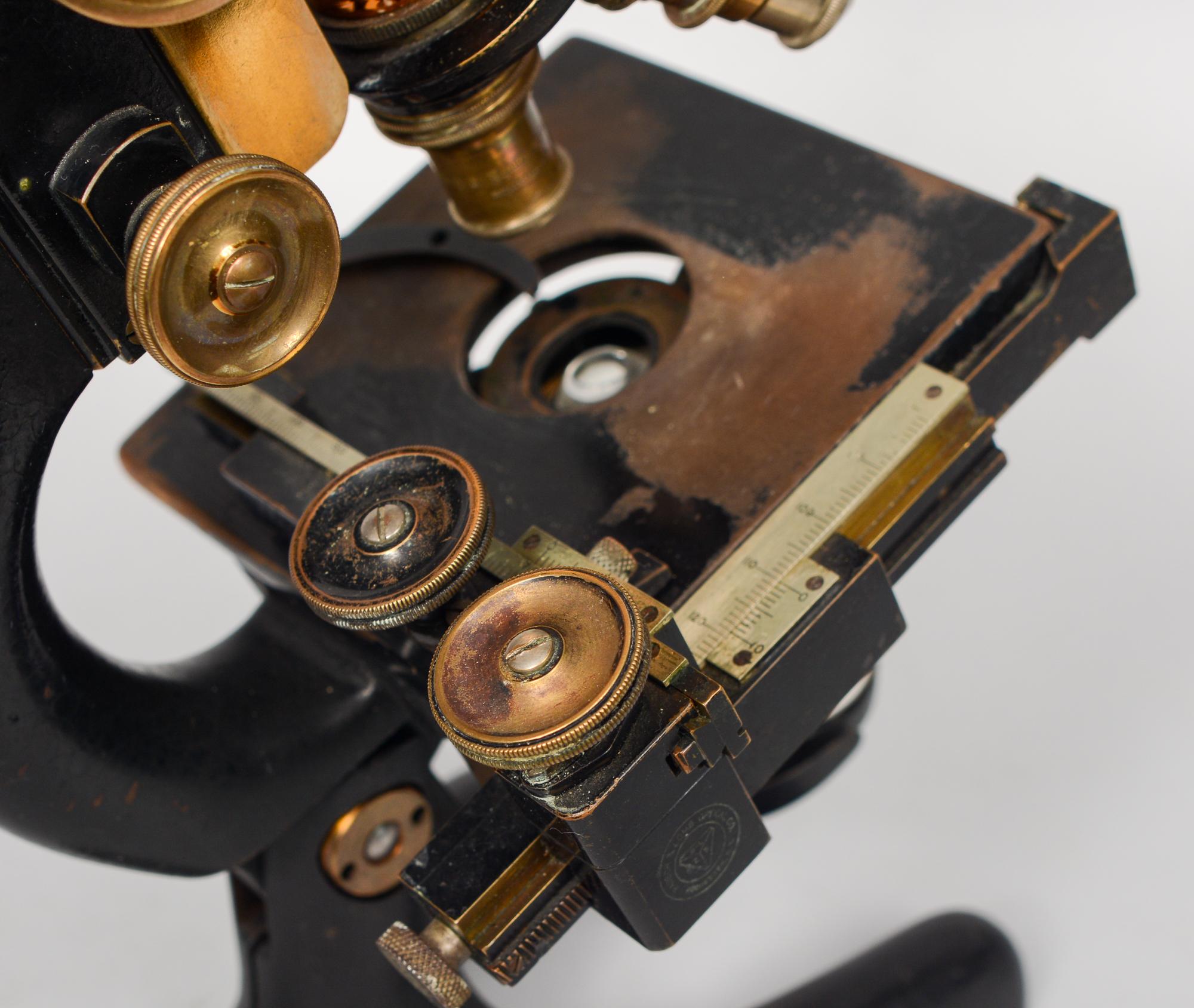 Early 20th Century Bausch and Lomb Antique Brass and Iron Microscope