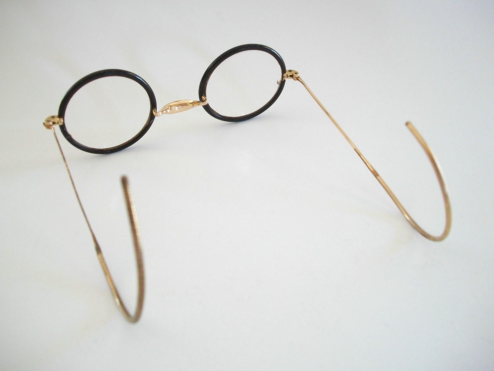 Victorian Bausch & Lomb, Vintage Black Rim & Gold Child's Eyeglasses, Canada, circa 1940s For Sale