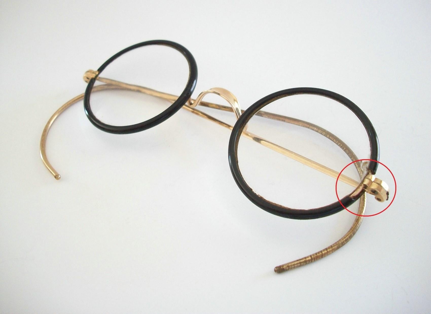 Canadian Bausch & Lomb, Vintage Black Rim & Gold Child's Eyeglasses, Canada, circa 1940s For Sale