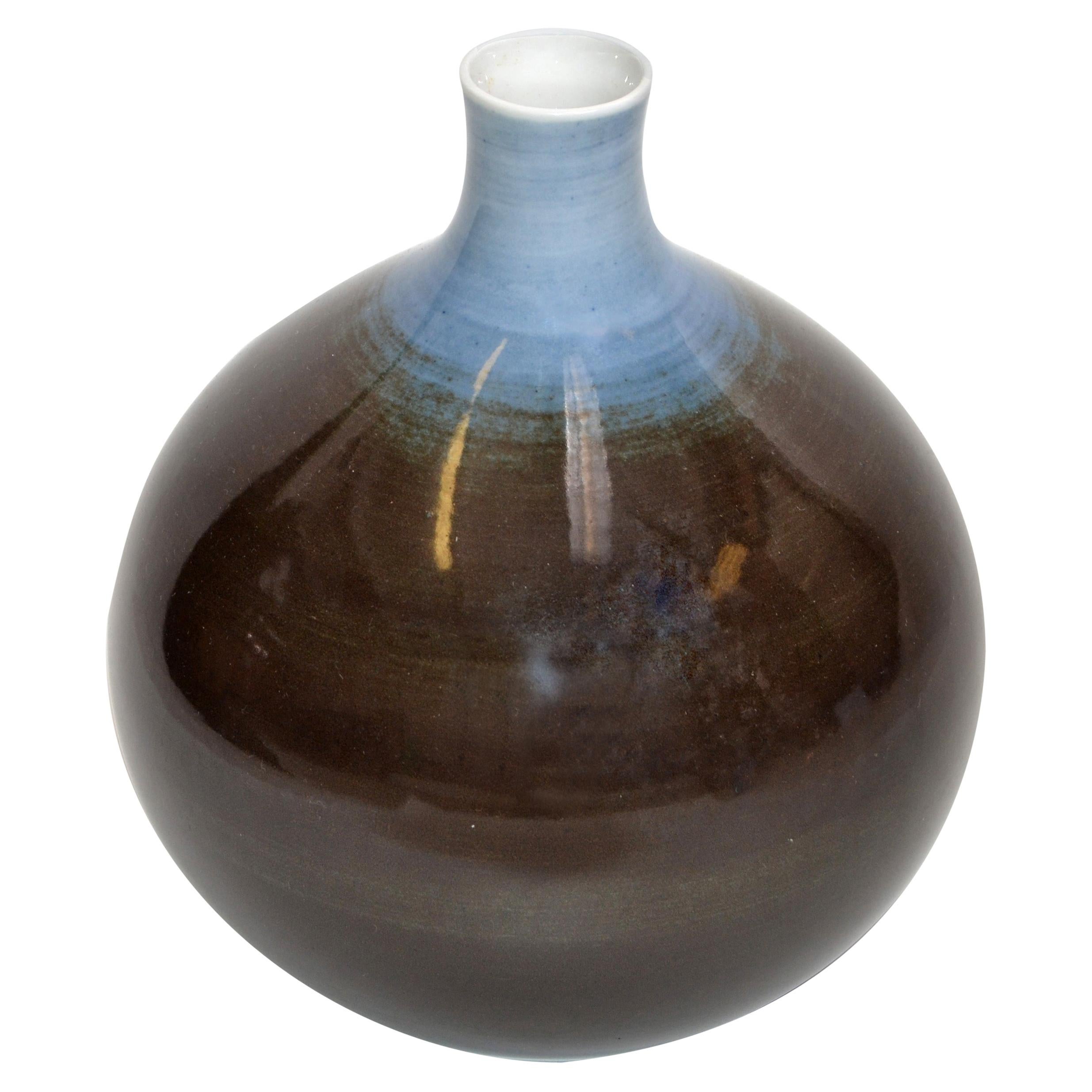 Bavaria Arzberg Hutschenreuther Vase aus glasiertem Porzellan in Schwarz, Blau und Weiß, 1970er Jahre