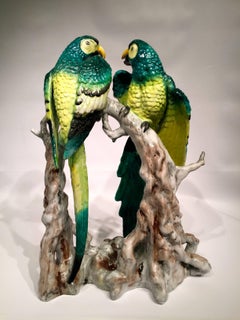 BAVARIA German Art Deco Porcelain Couple of Green and Yellow Macaws, circa 1930