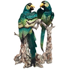 BAVARIA German Art Deco Porcelain Couple of Green and Yellow Macaws, circa 1930