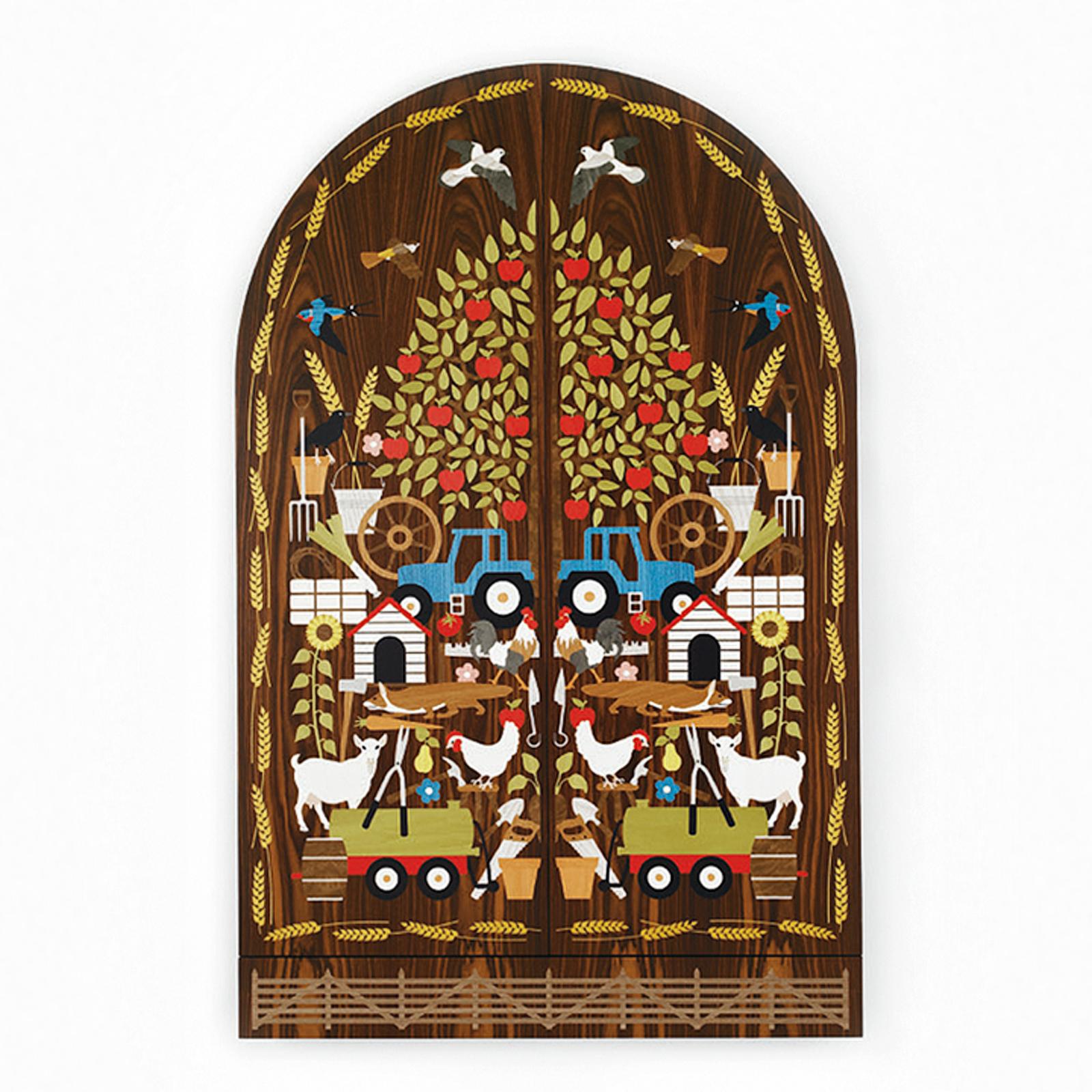 Bavaria mirror is from a suite of five marquetry furnishings featuring intricate and multicolored laser-cut inlays in a farm motif. Seventeen different brilliantly colored dyes are used in creating the inlays made from a variety of wood types