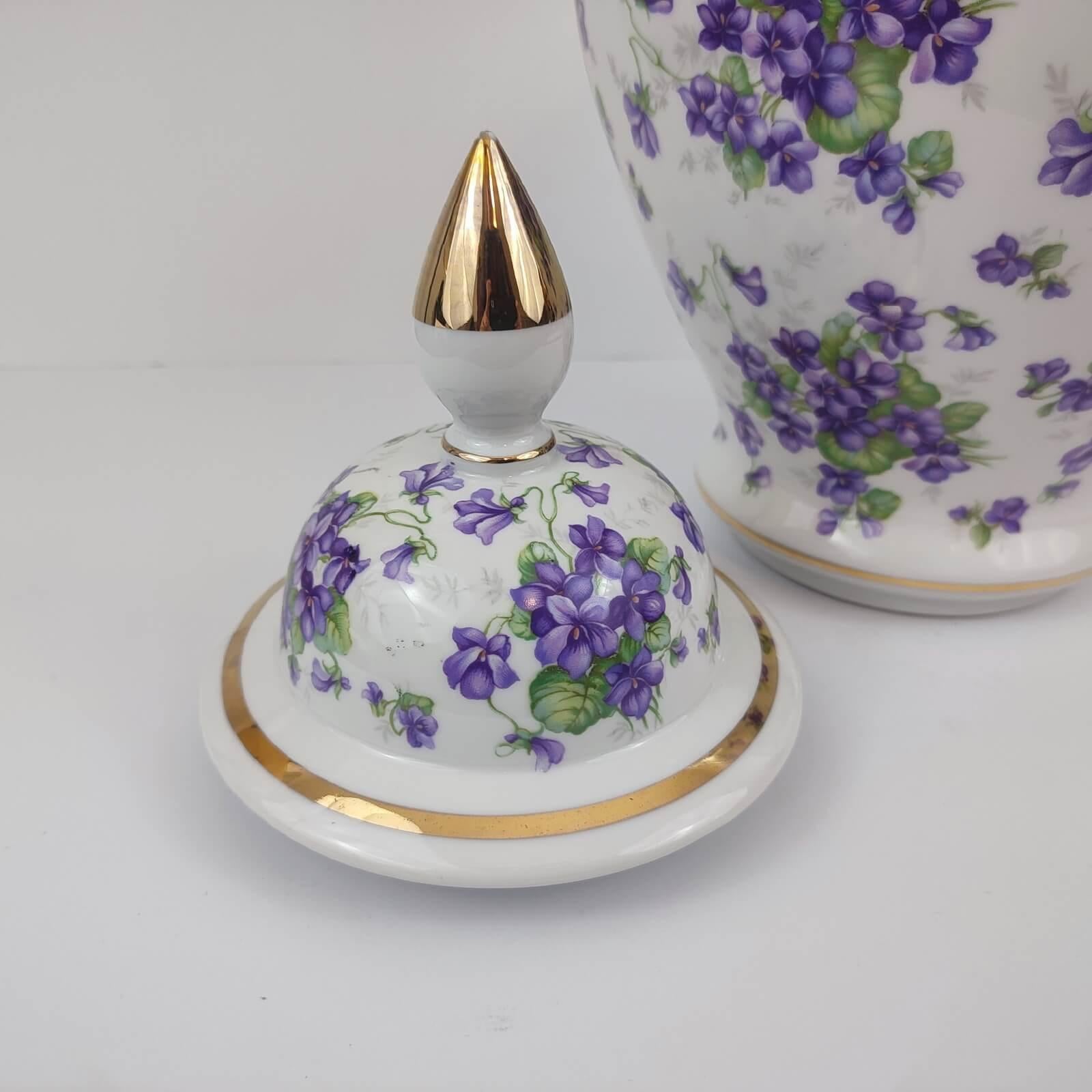 Bavaria Schumann Arzberg Covered Jar Purple Floral Decor, Germany 1945 4