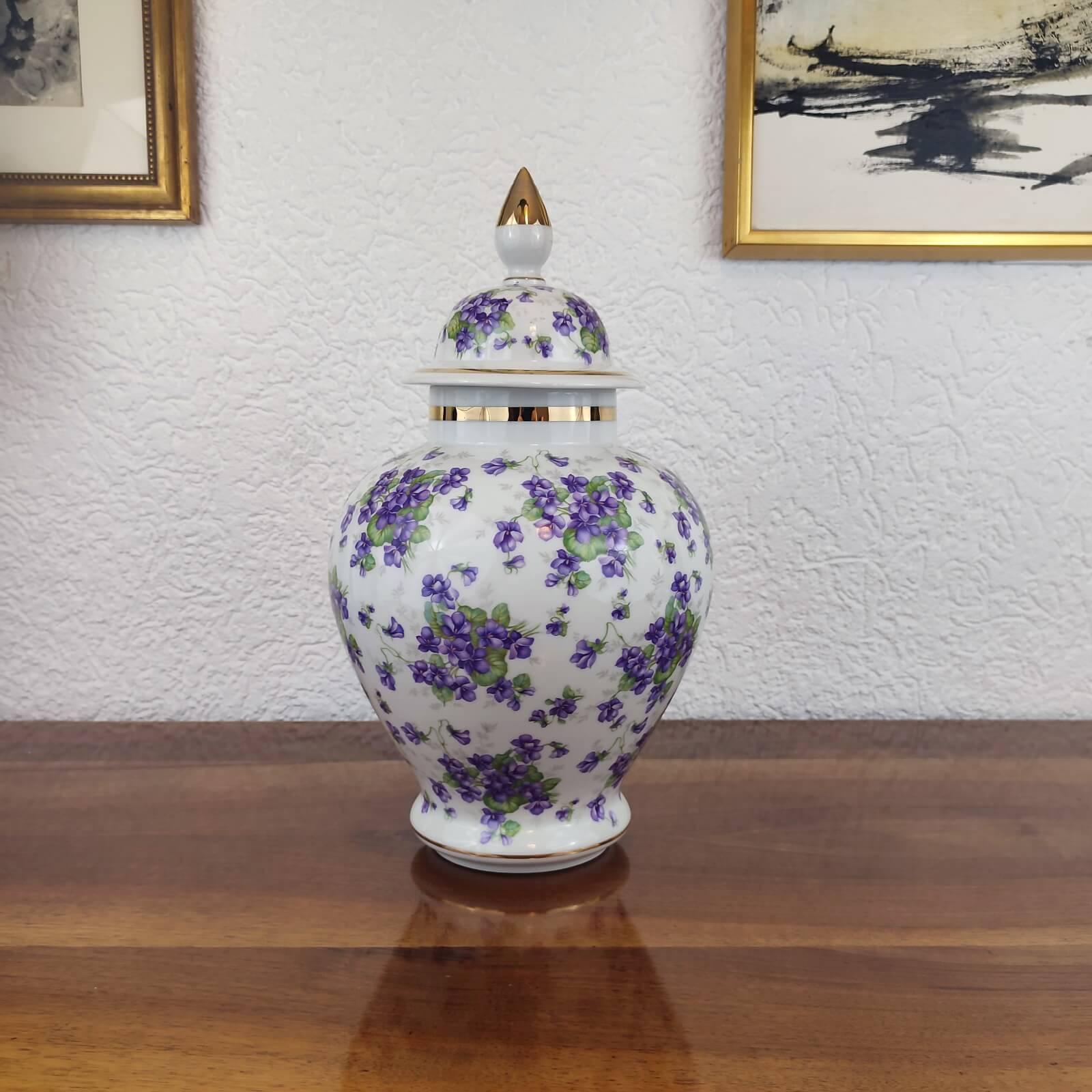 Hand-Painted Bavaria Schumann Arzberg Covered Jar Purple Floral Decor, Germany 1945
