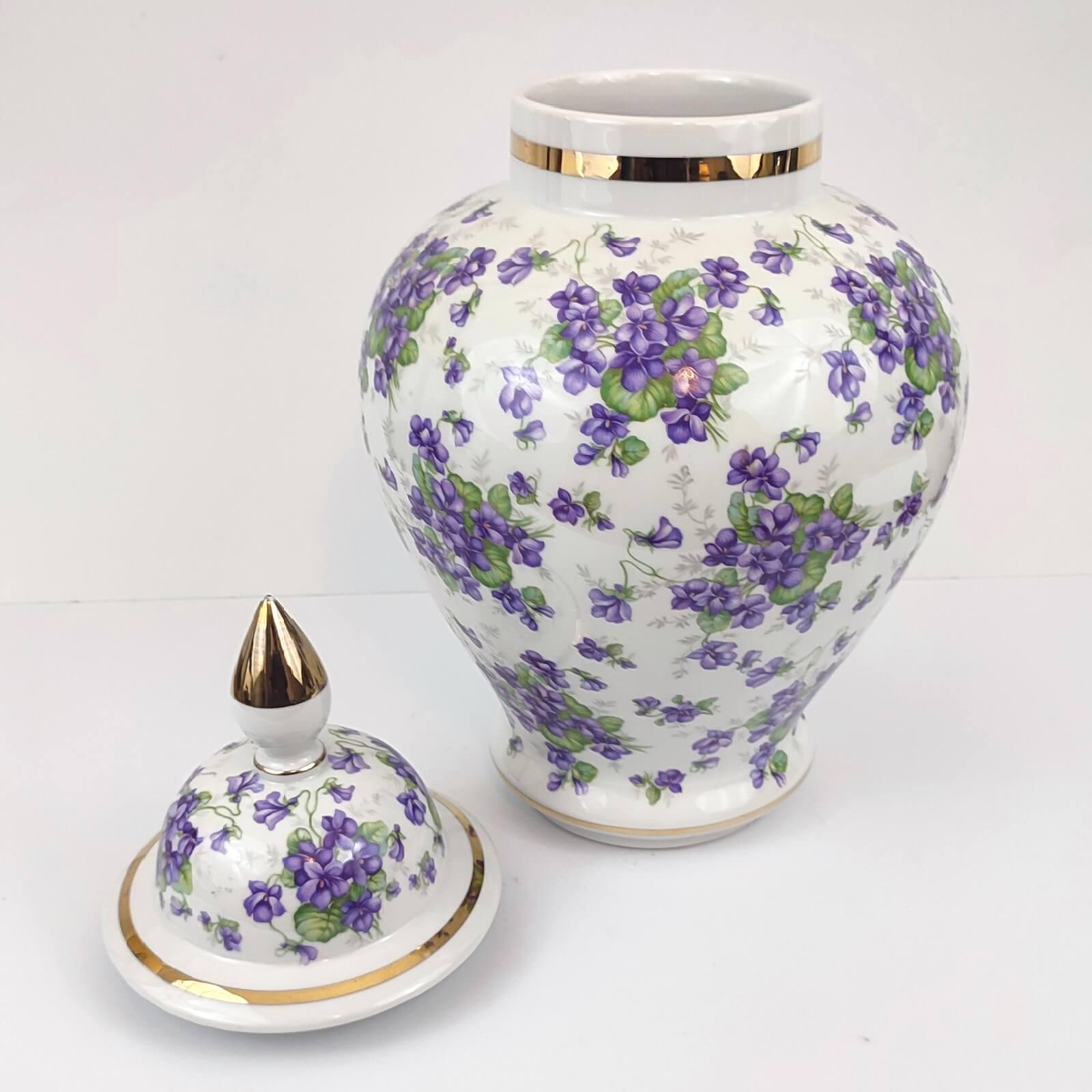 Porcelain Bavaria Schumann Arzberg Covered Jar Purple Floral Decor, Germany 1945