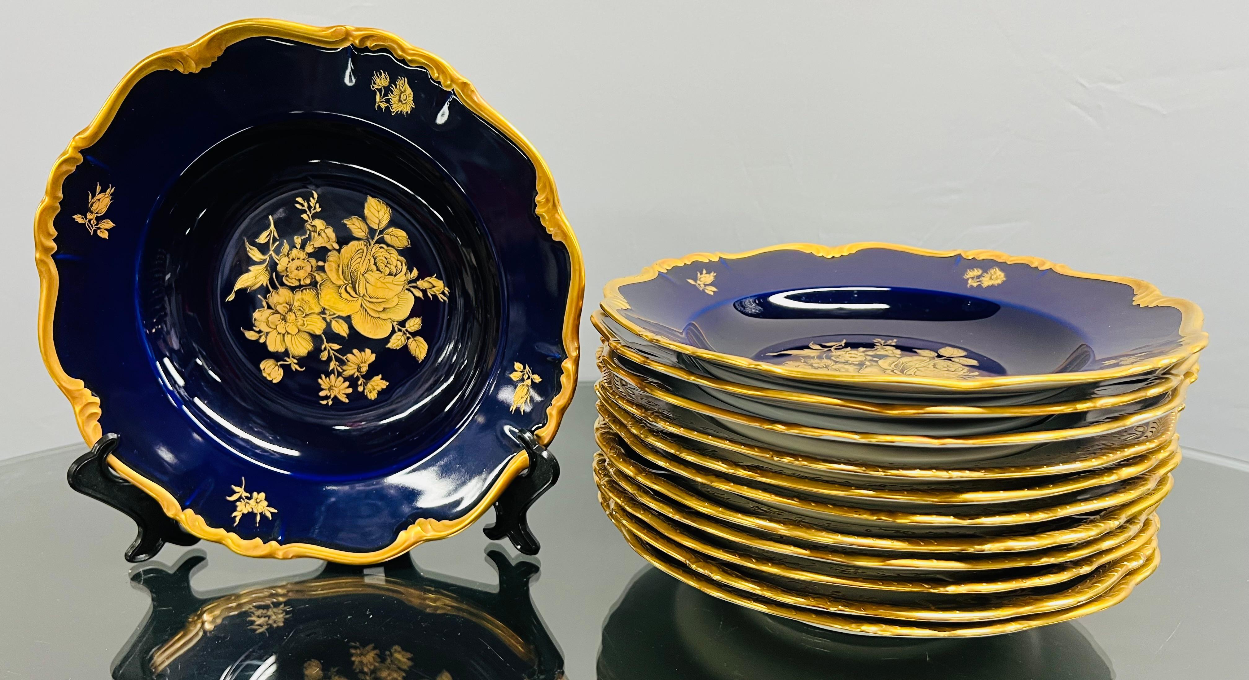Art Nouveau Bavaria Waldershot 22 K Gold Design Porcelain in Cobalt Blue, Set of 69 Pcs