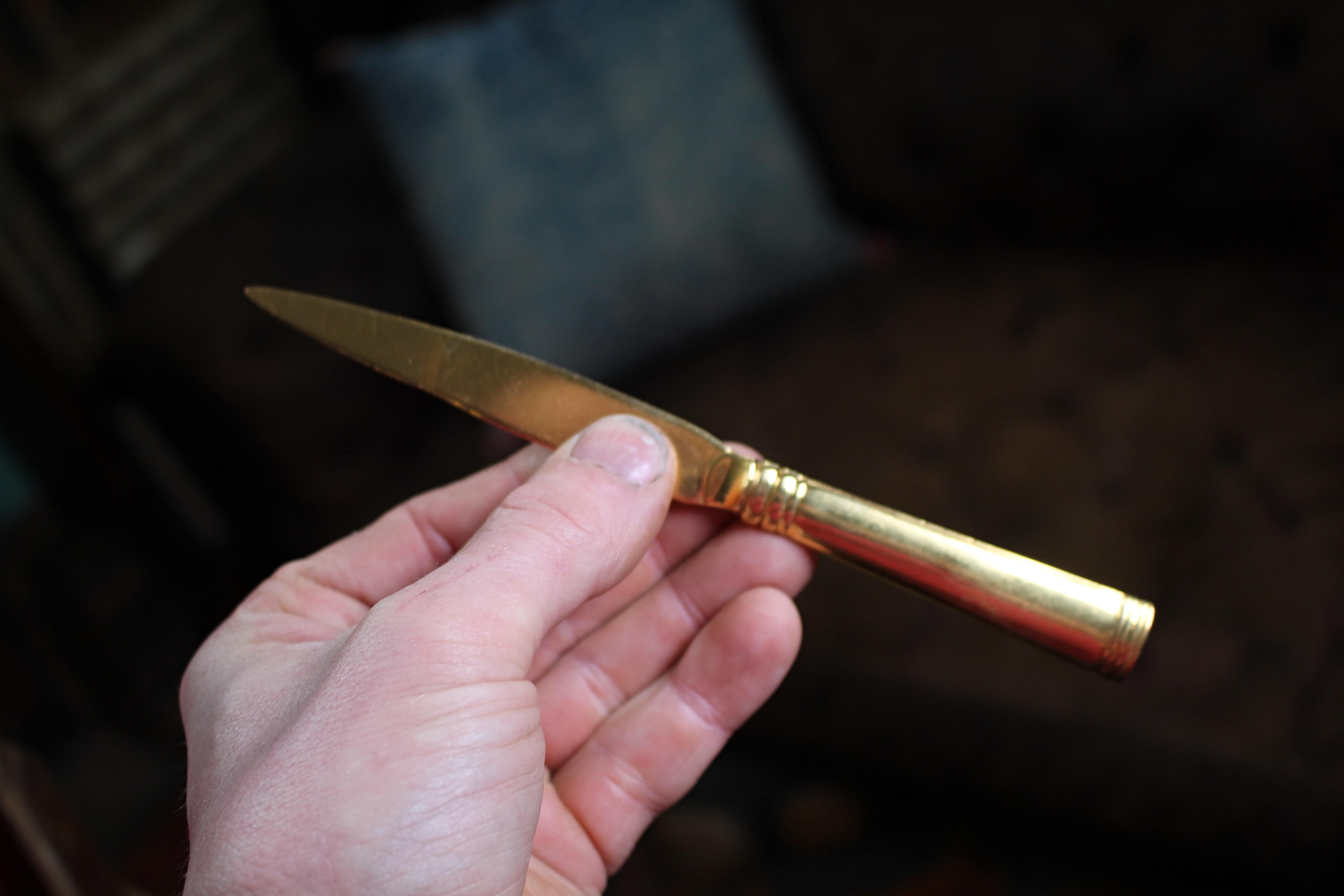 Bavarian 19th C Gilt Copper Flatware With Original Tooled Leather & Gilt Casket For Sale 2