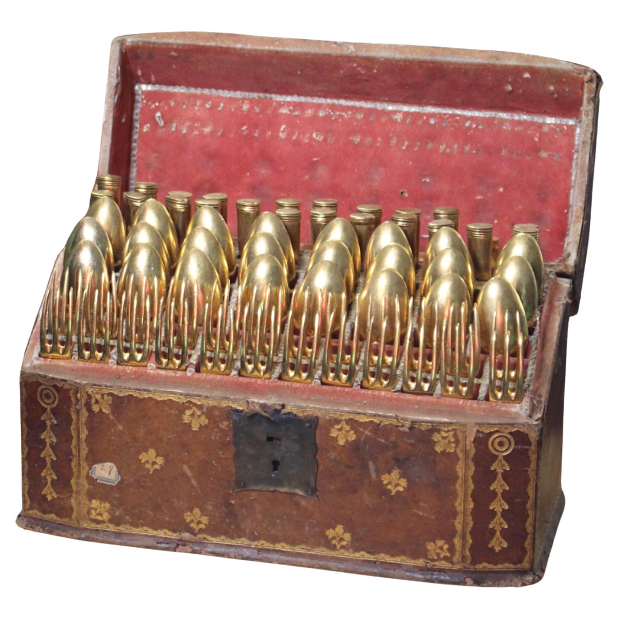 Bavarian 19th C Gilt Copper Flatware With Original Tooled Leather & Gilt Casket For Sale