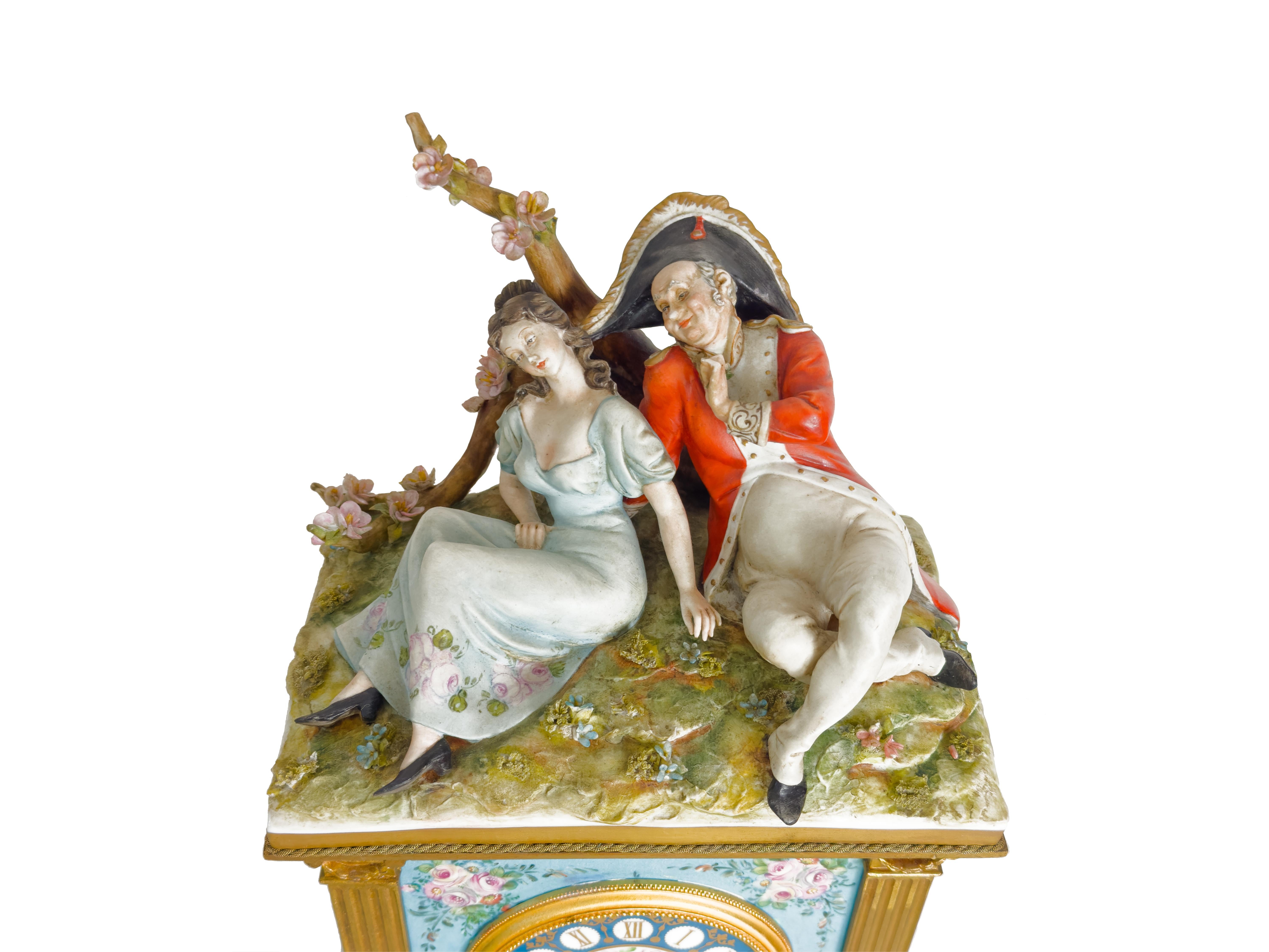 Baroque Bavarian Bronze Clock Capodimonte Porcelain by Tiche, 20th Century For Sale