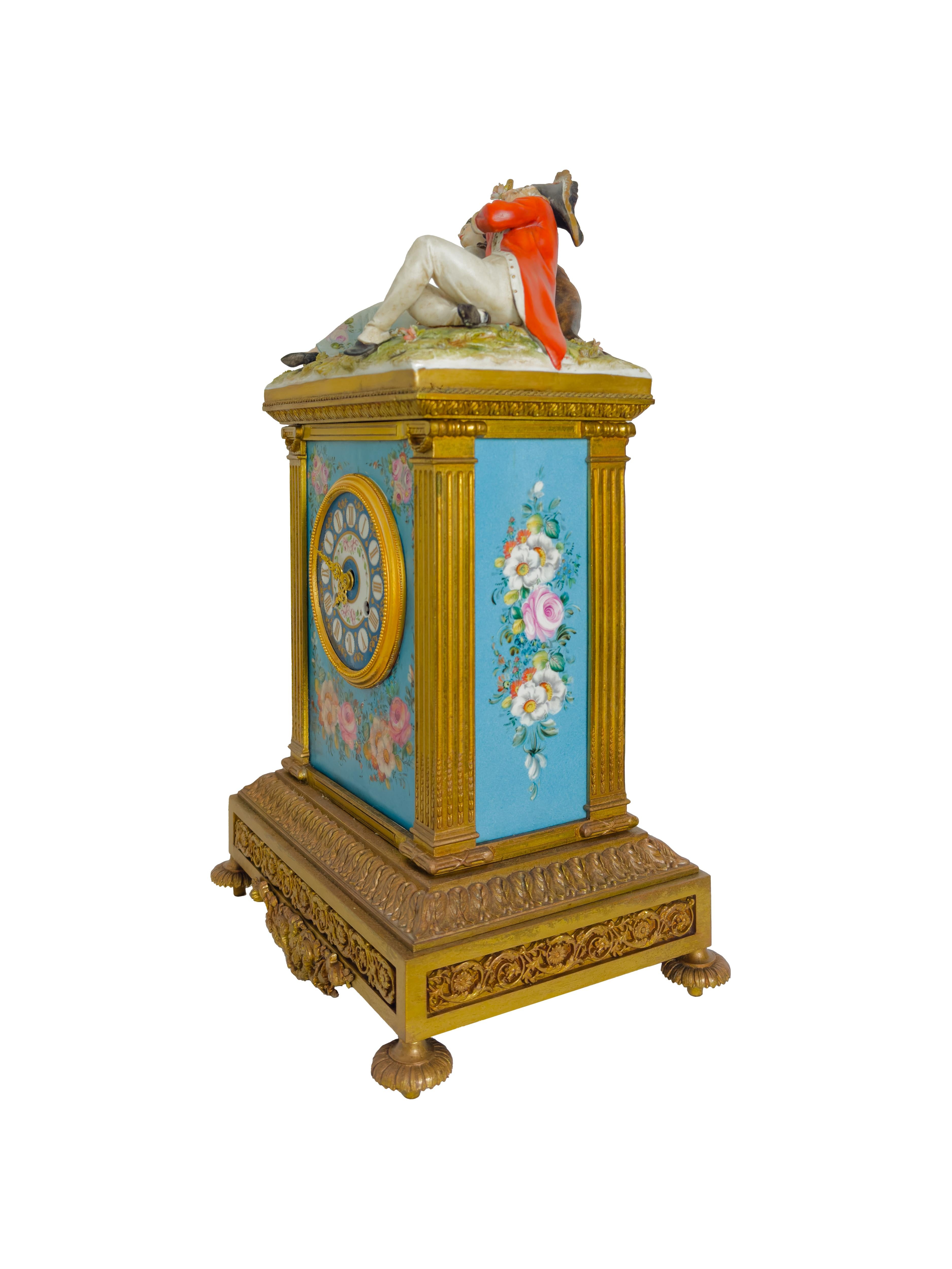 Brass Bavarian Bronze Clock Capodimonte Porcelain by Tiche, 20th Century For Sale