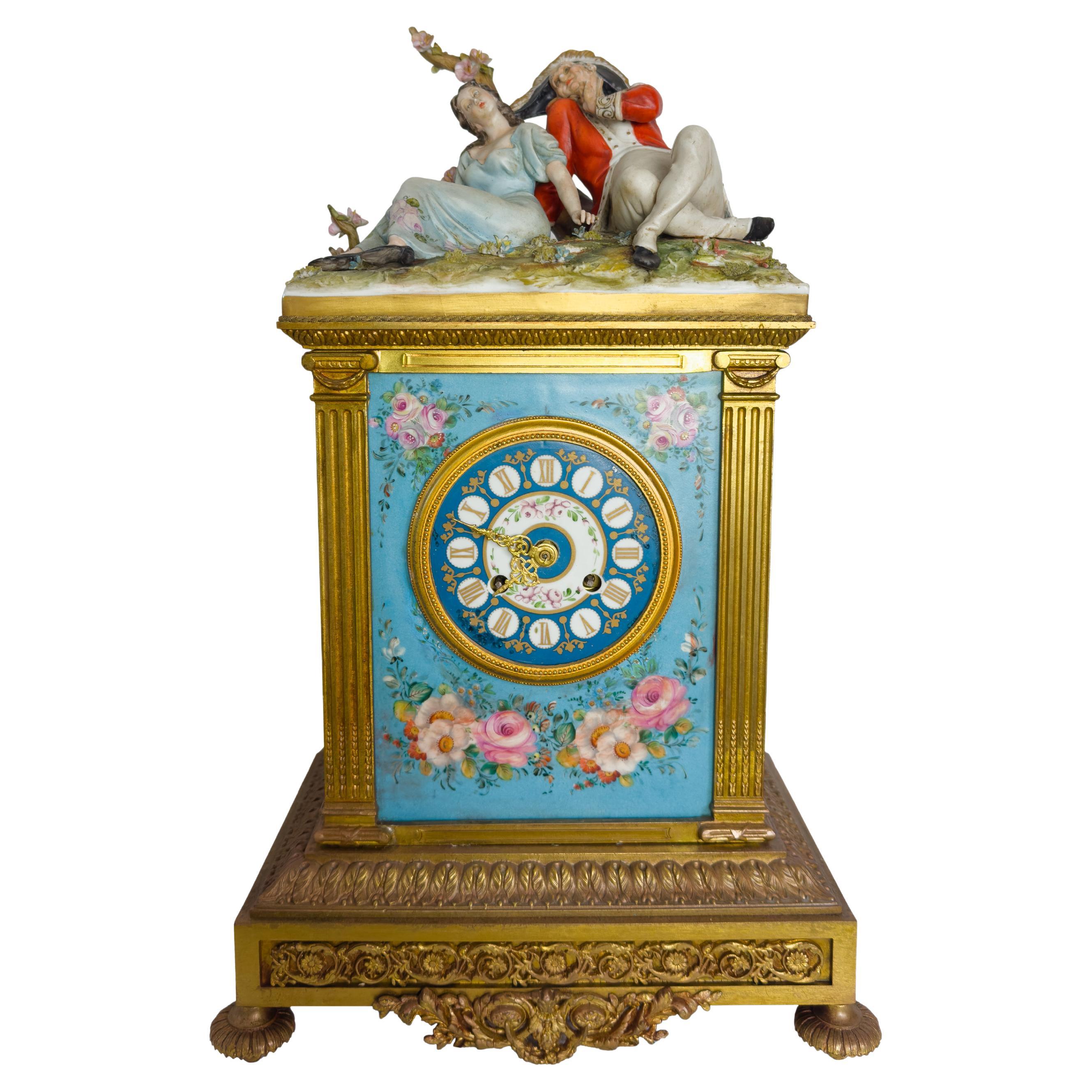 Bavarian Bronze Table Clock Capodimonte Porcelain by Tiche, 20th Century For Sale