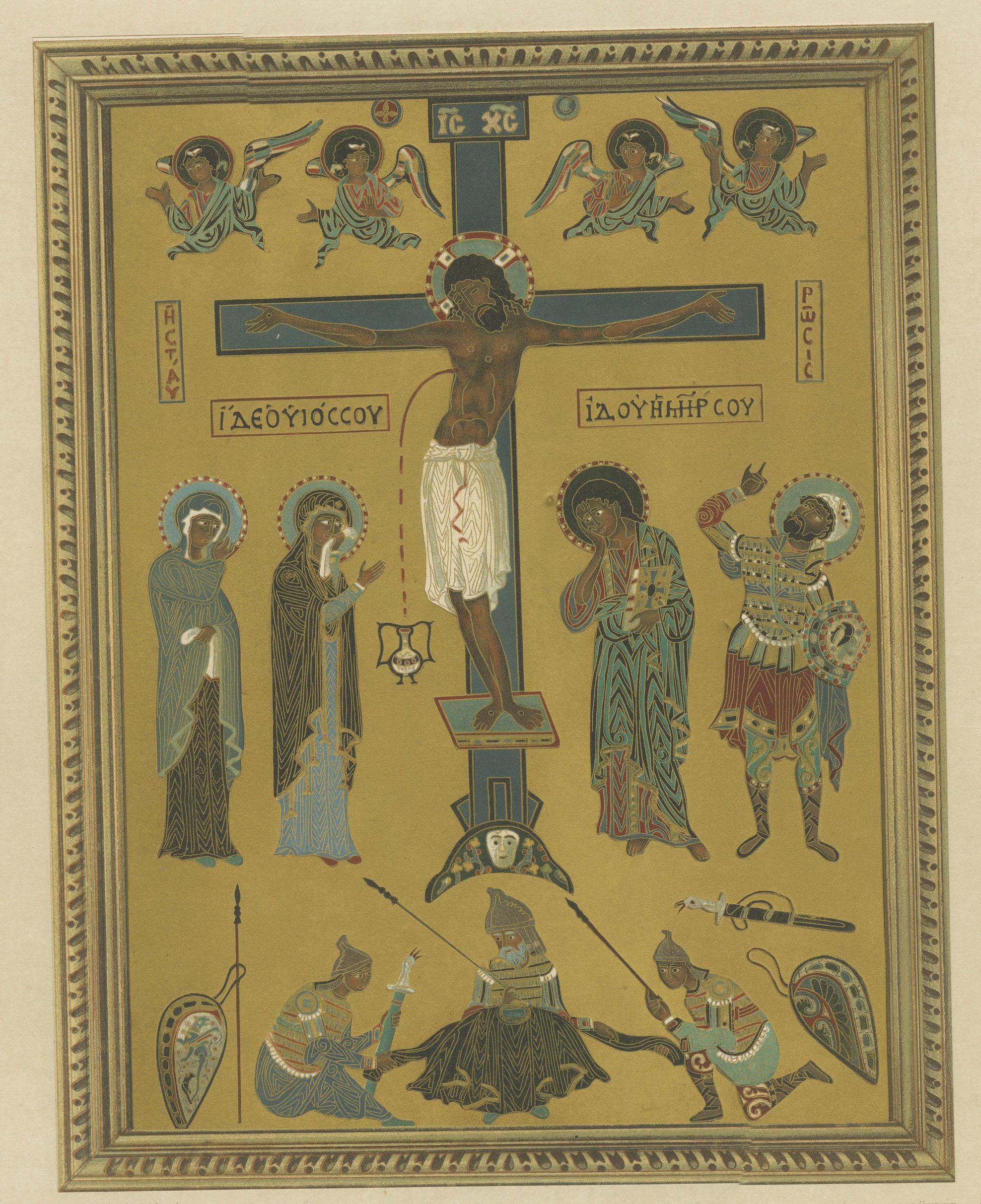Bavarian Crucifixion Icon Chromolithograph, 19th Century, Signed
