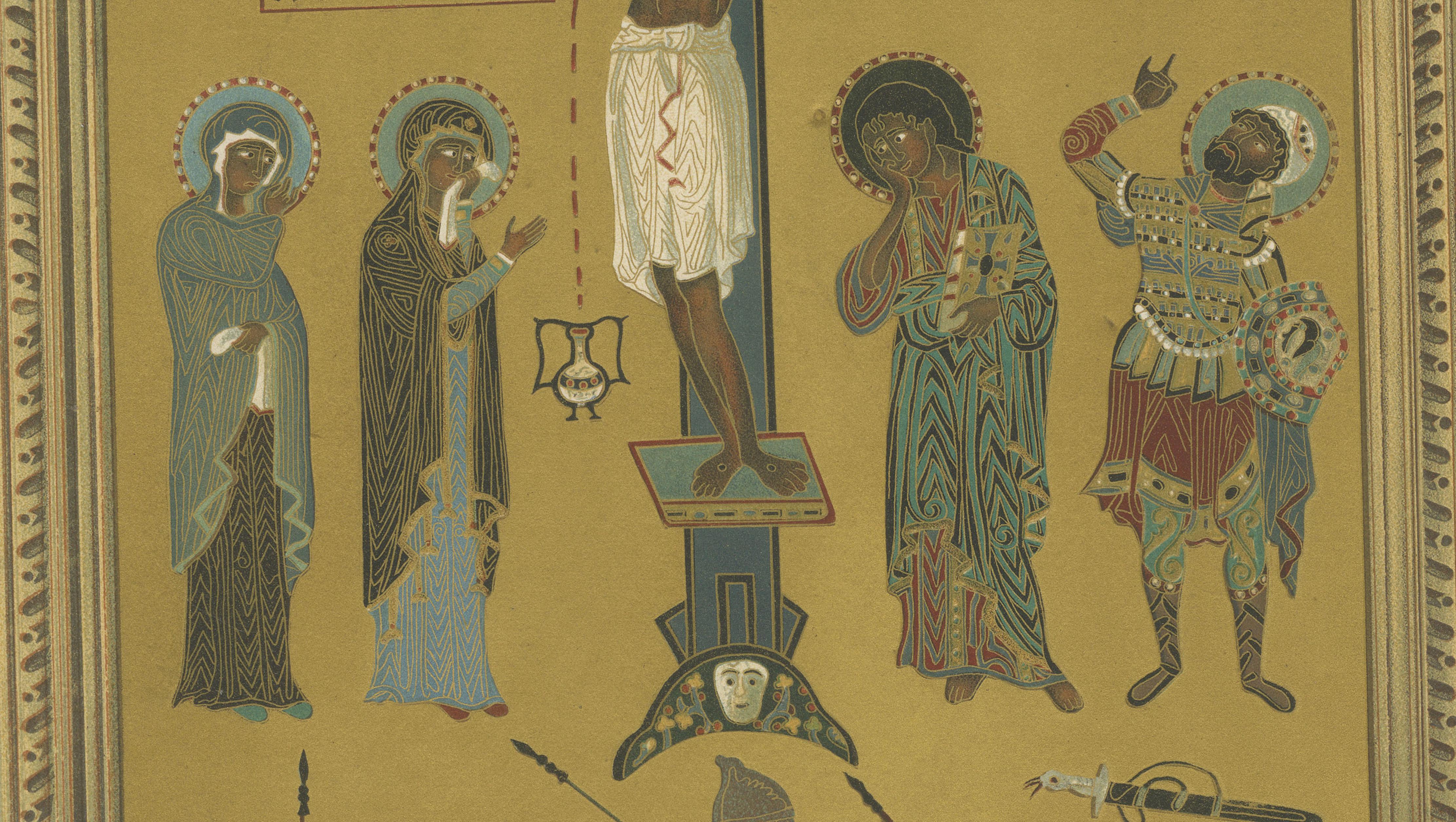 Bavarian Crucifixion Icon Chromolithograph, 19th Century, Signed