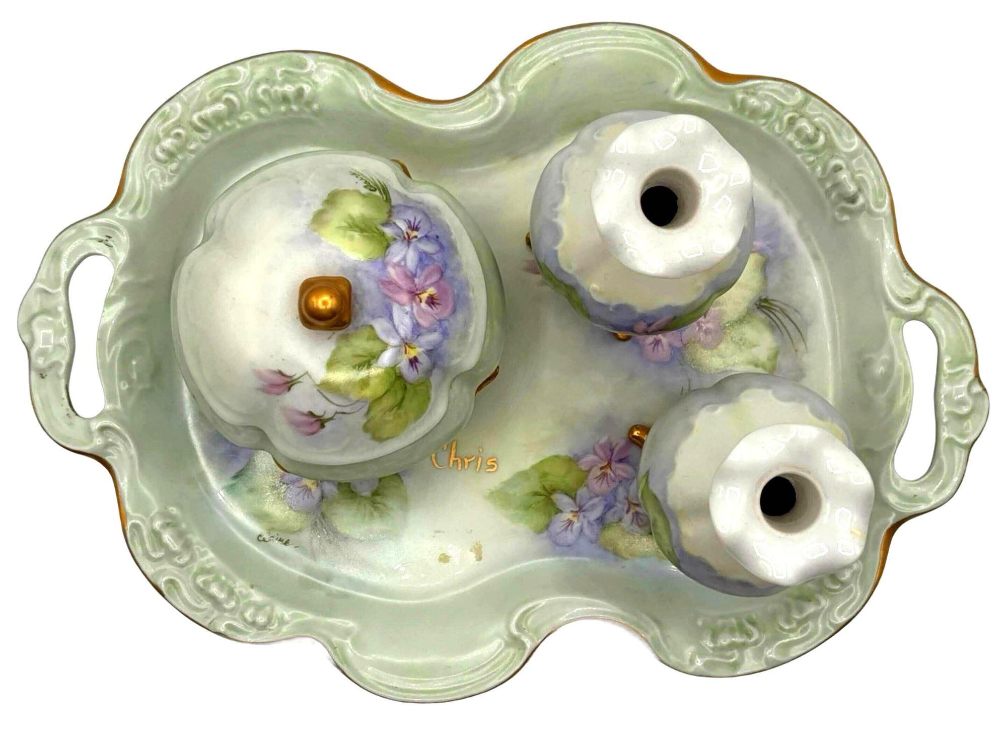North American Bavarian Four Piece Hand Painted Art Nouveau Porcelain Vanity Dresser Set For Sale