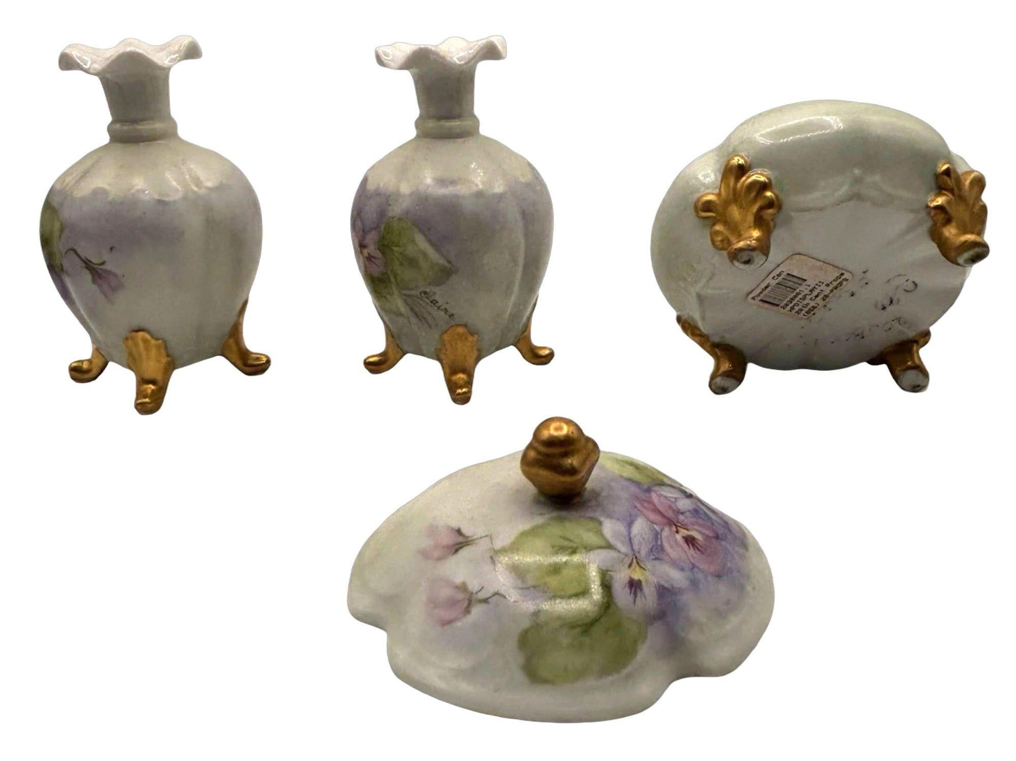 20th Century Bavarian Four Piece Hand Painted Art Nouveau Porcelain Vanity Dresser Set For Sale