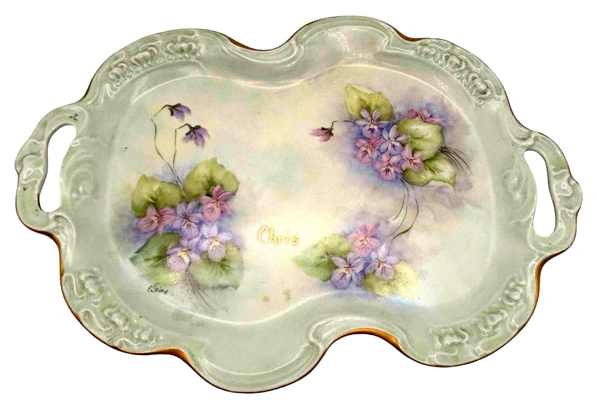 Bavarian Four Piece Hand Painted Art Nouveau Porcelain Vanity Dresser Set For Sale 2