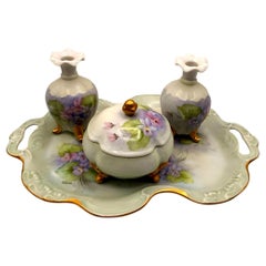 Bavarian Four Piece Hand Painted Art Nouveau Porcelain Vanity Dresser Set