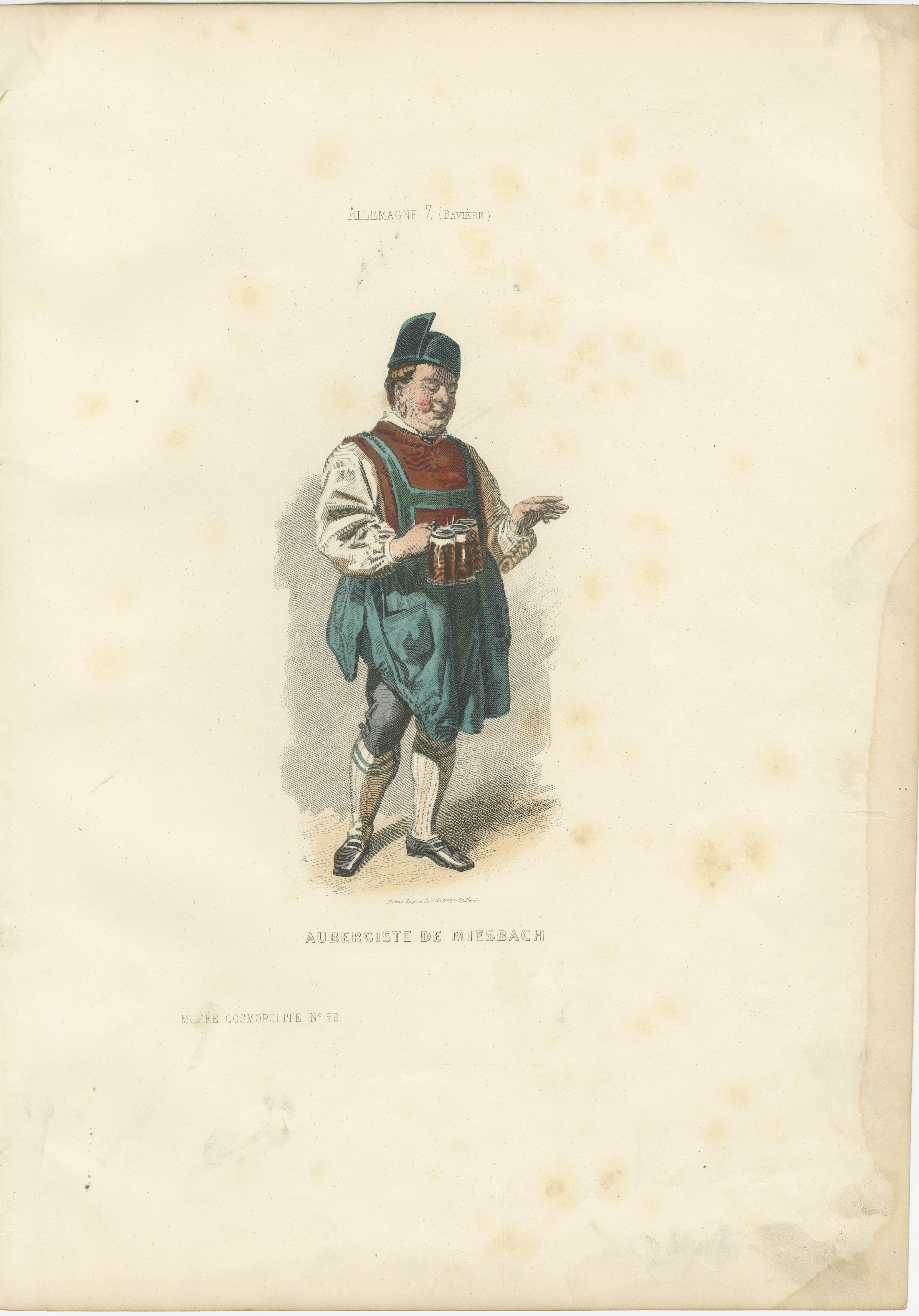 Bavarian Innkeeper Print Miesbach 1853 by Compte-Calix – Hand-Colored Lithograph

This charming antique print depicts an innkeeper from Miesbach in Bavaria, Germany (Aubergiste de Miesbach). It was created by François Claudius Compte-Calix and