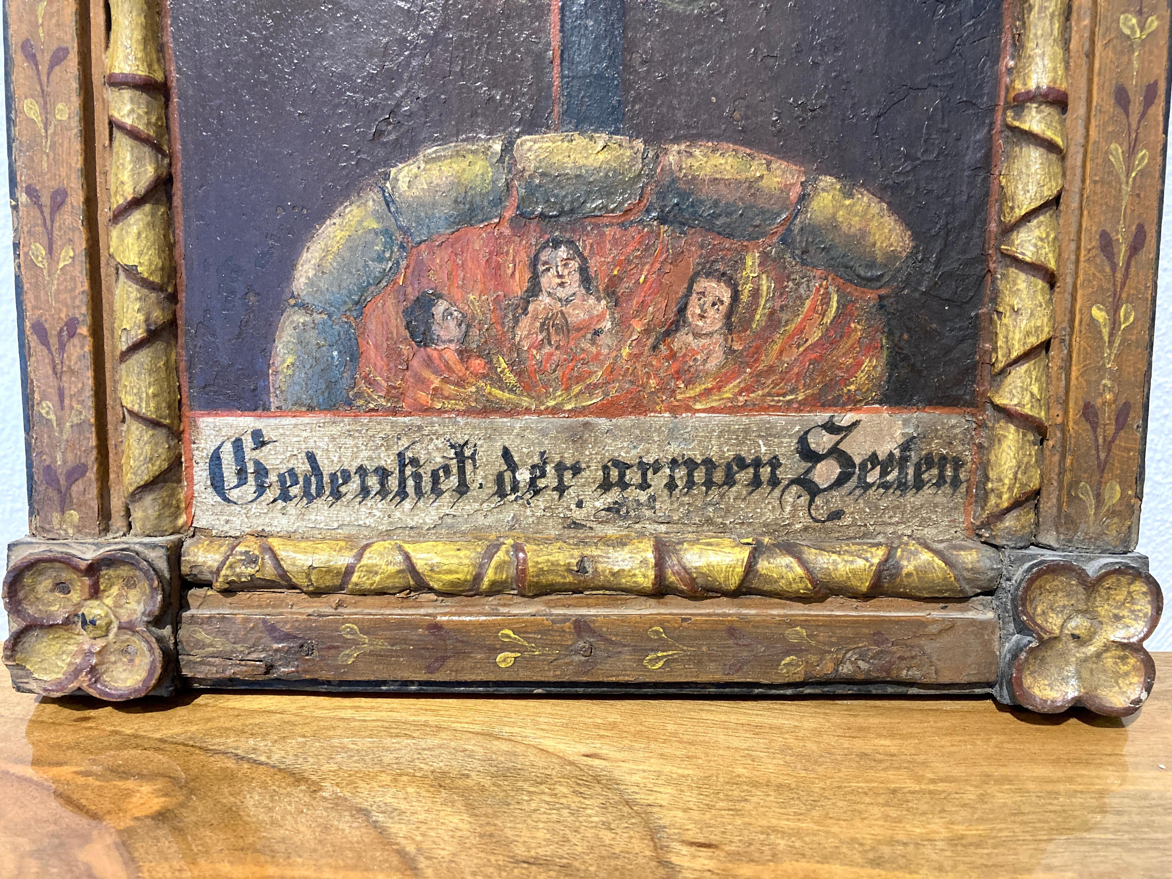 Bavarian Votiv Tablet early 19th century.
Jesus on the cross and poor souls in purgatory Oil in wood, early 19th century.
Very nice original condition with an elaborately carved frame