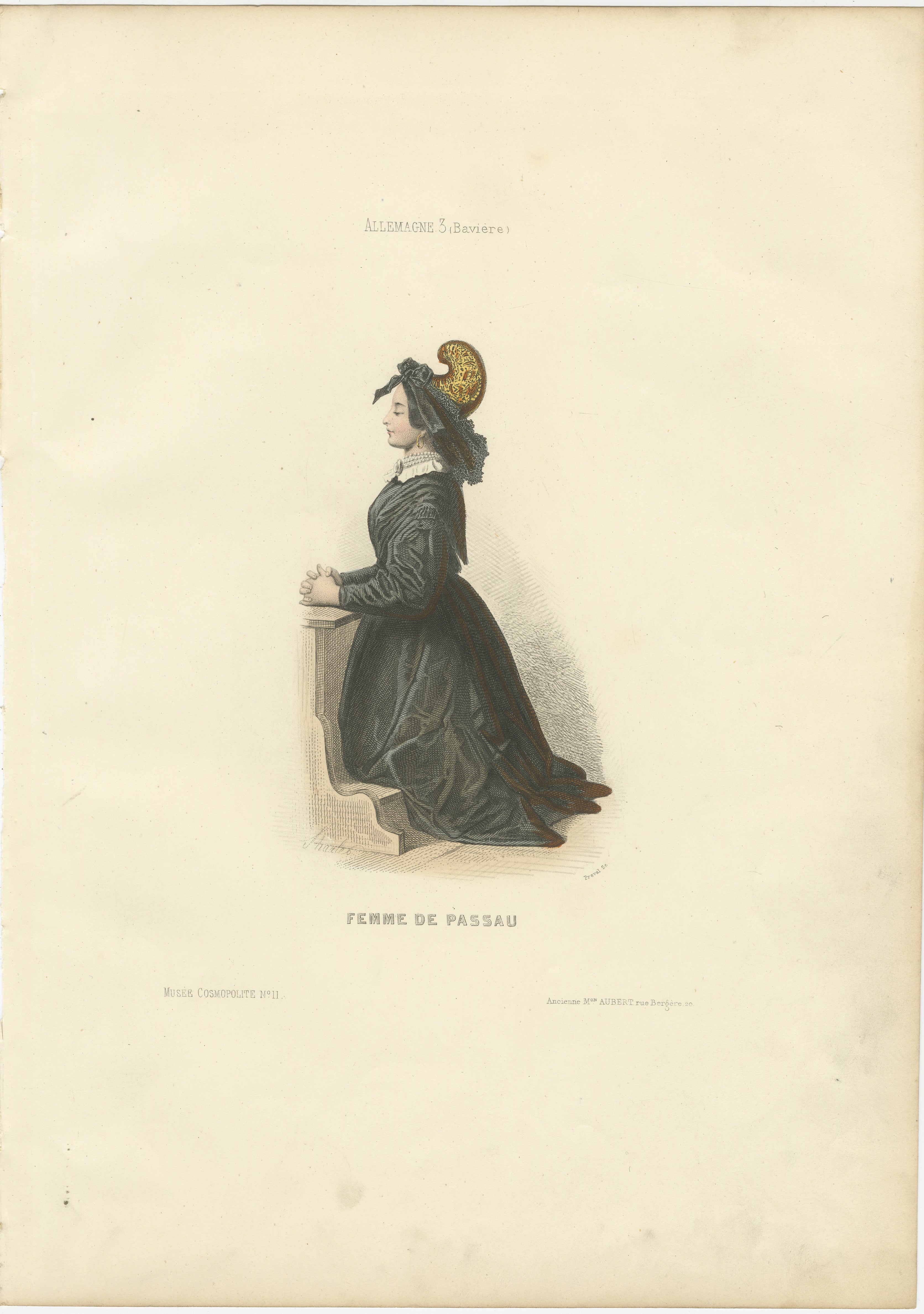 Bayerische Frau Druck Passau Deutschland 1853 von Compte-Calix - Handkolorierte Lithographie

Dieser raffinierte antike Druck zeigt eine Frau aus Passau in Bayern, Deutschland (Femme de Passau). Es wurde von François Claudius Compte-Calix geschaffen