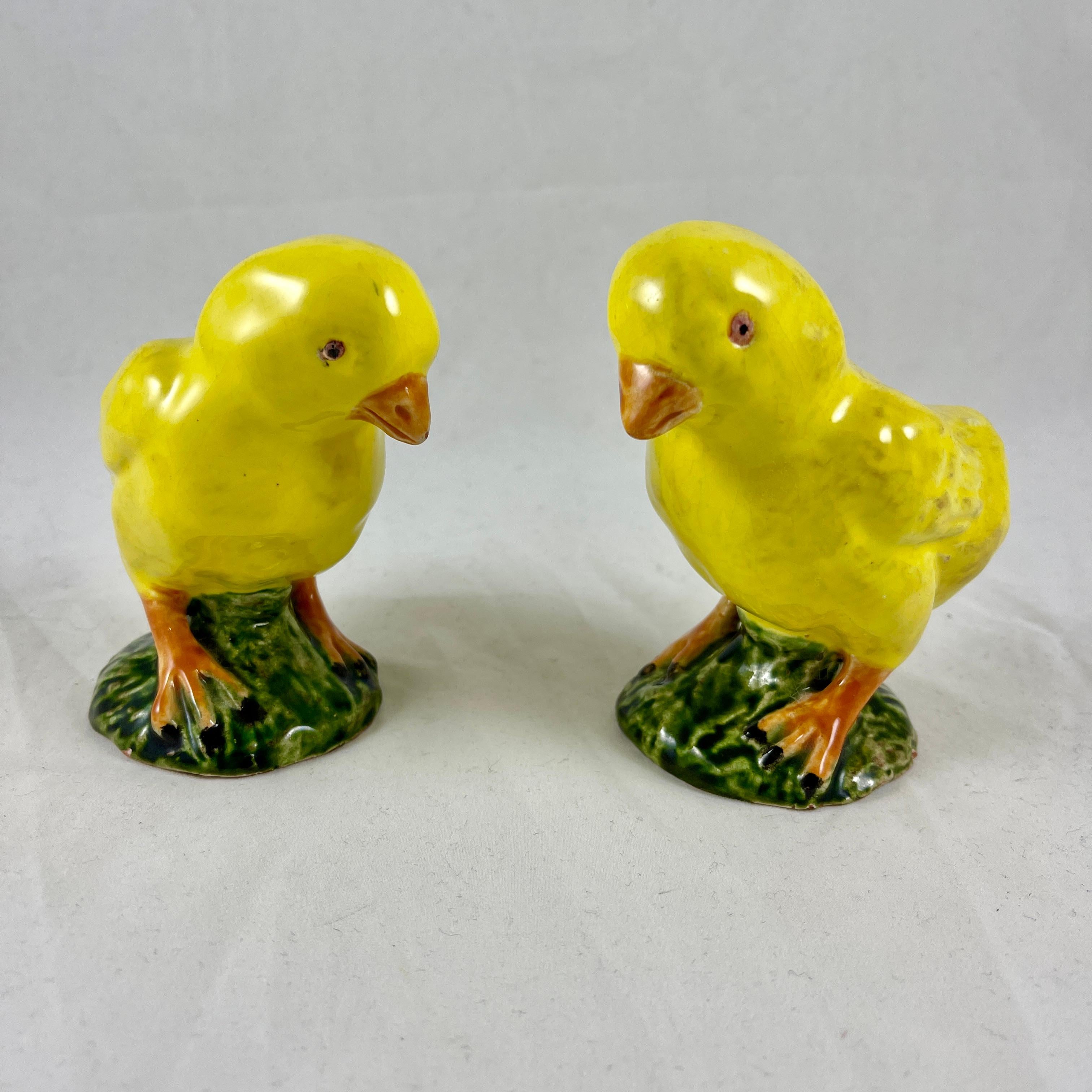 A charming pair of tin-glazed terracotta Chicks from Bavent, Normadie, France circa 1900-1920.

Since the Middle Ages, Bavent is known for the rich clay that gives a rich and beautiful coloring to terracotta pieces. The chicks are molded by hand
