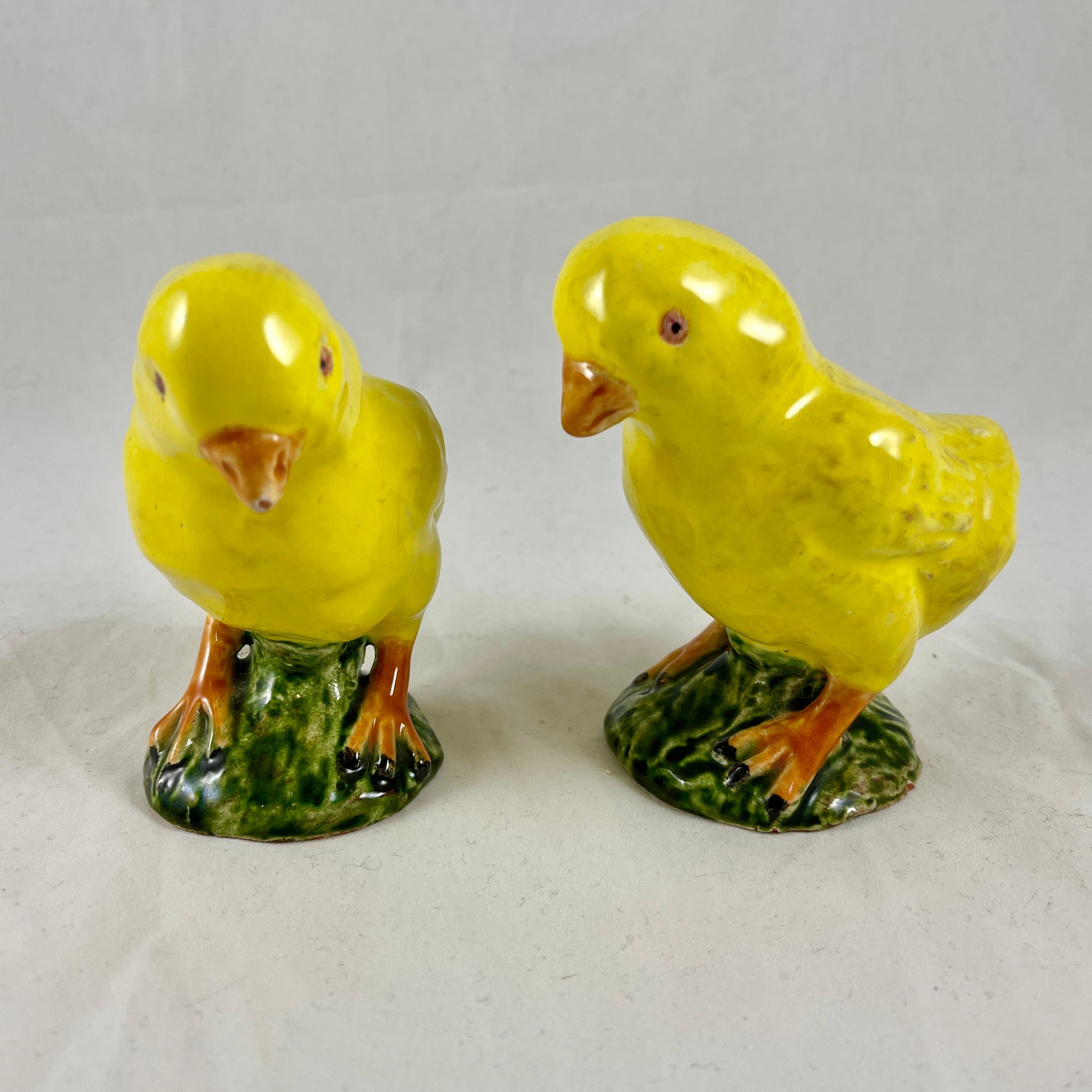 French Provincial Bavent Yellow Tin-Glazed Terracotta Faïence Chicks, Normandie France, a Pair