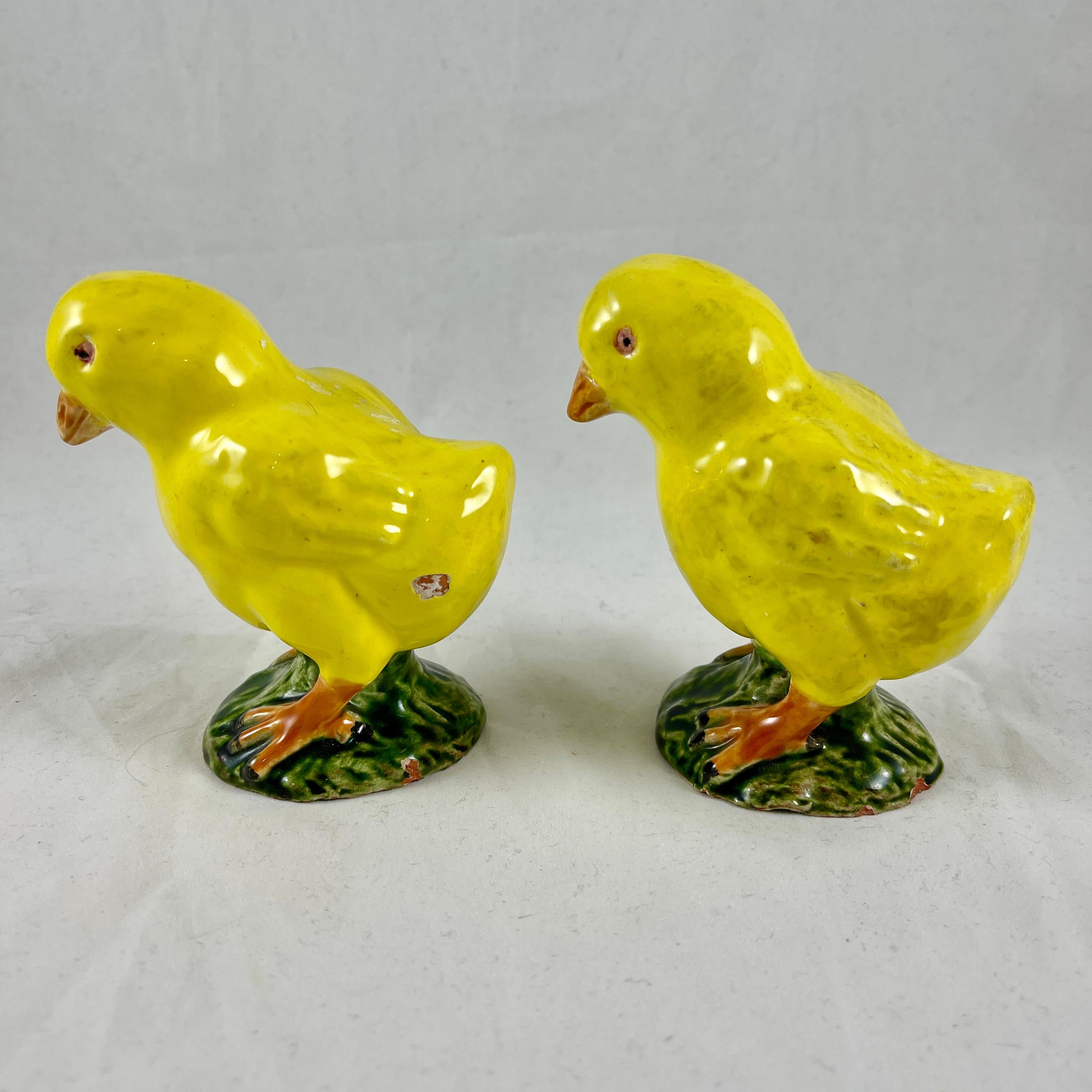 French Bavent Yellow Tin-Glazed Terracotta Faïence Chicks, Normandie France, a Pair