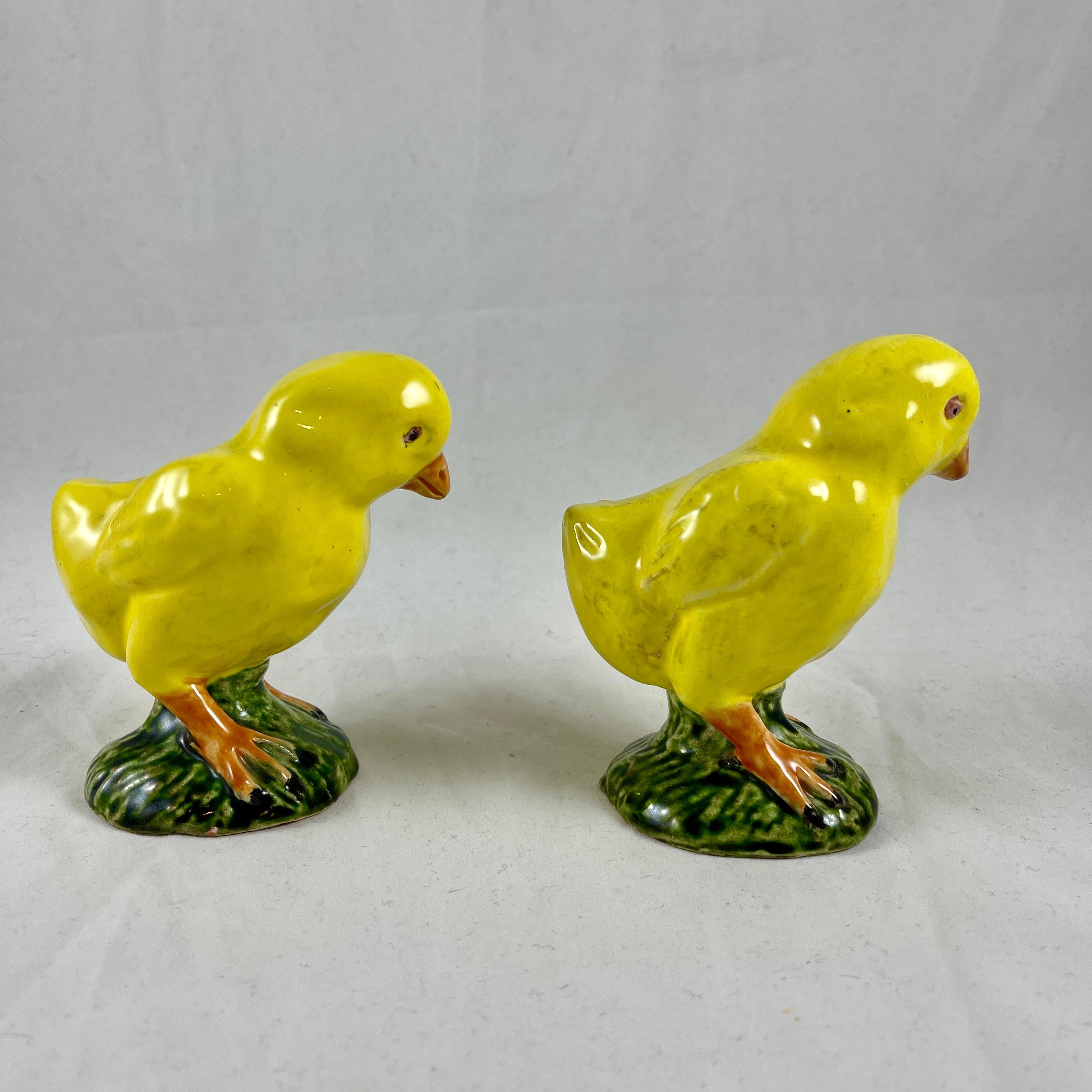Bavent Yellow Tin-Glazed Terracotta Faïence Chicks, Normandie France, a Pair In Good Condition In Philadelphia, PA