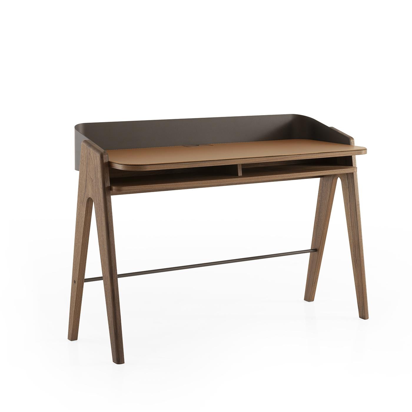 Italian Bavero Cognac Leather Desk with Walnut Legs For Sale